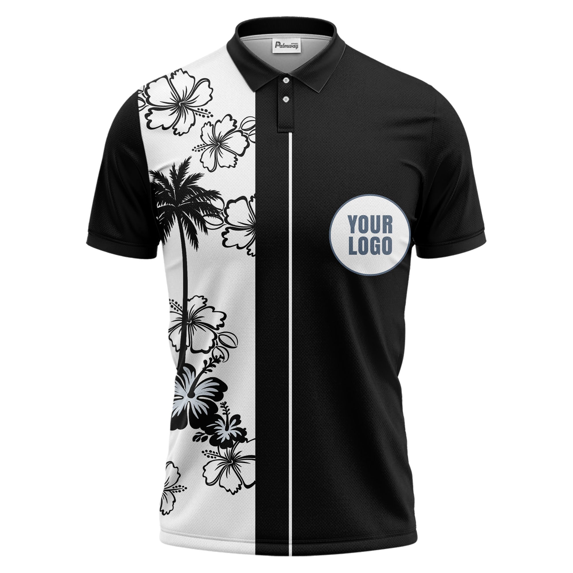 monochrome palm trees & hibiscus hawaiian design polo shirt for men