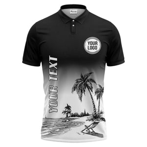 monochrome palm trees & lounge chair beach scene polo shirt