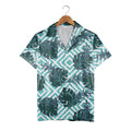 Monstera Leaf Hawaiian Shirt on Aqua White Diagonal Stripes