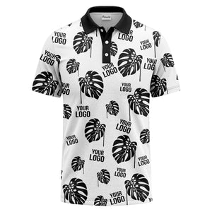 monstera leaves & custom logo repeat black white hawaiian polo shirt