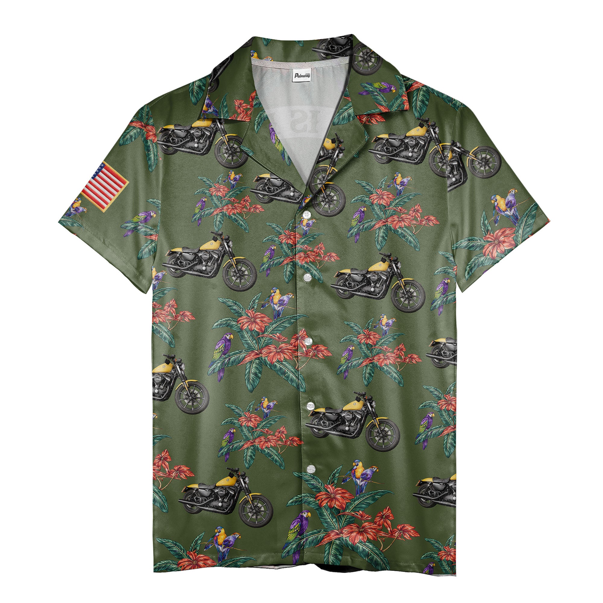 motorcycle parrot tropical hawaiian shirt, hibiscus floral aloha button down shirt