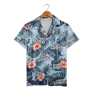 Navy Blue Corporate Hawaiian Shirt with Hibiscus and Custom Logo Space