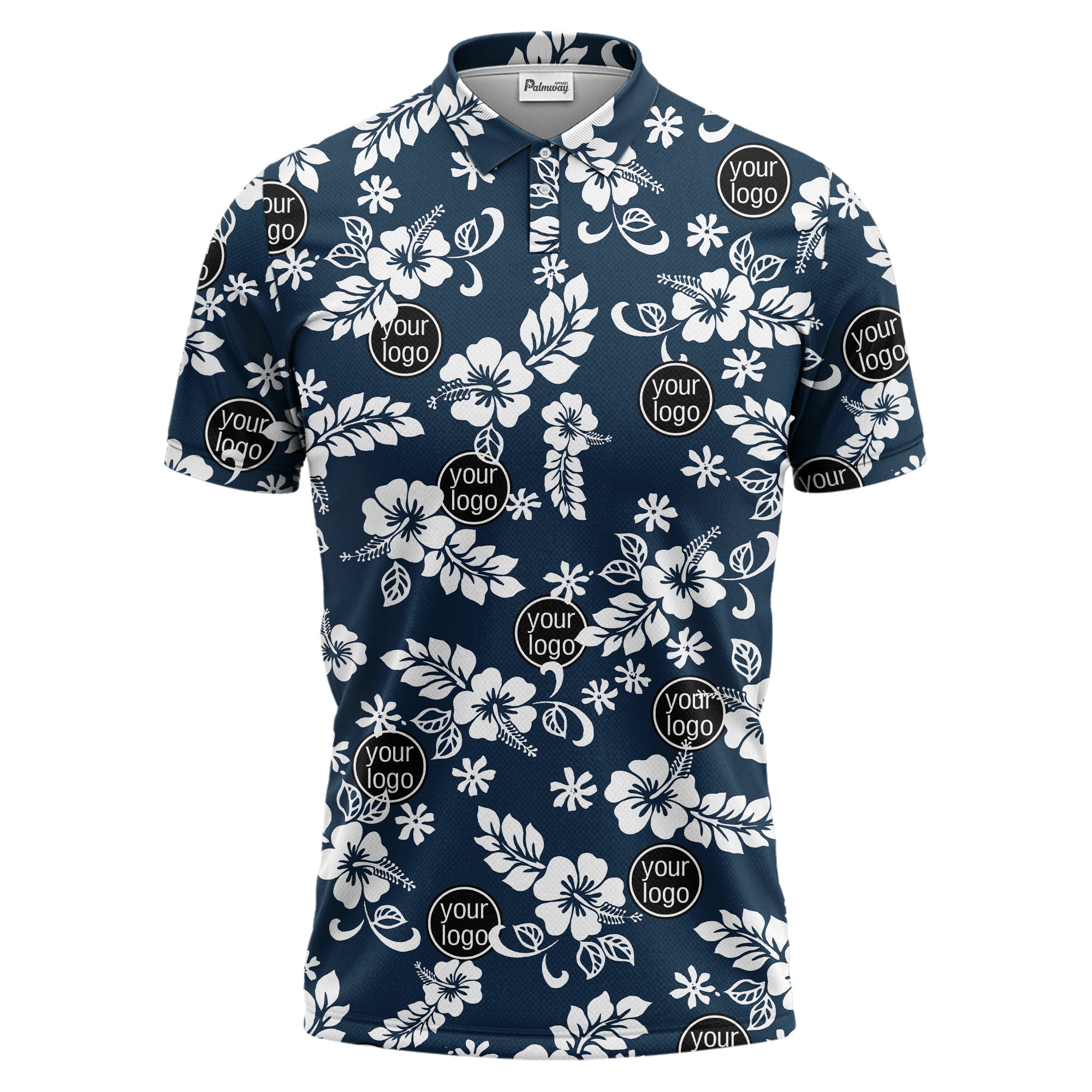 navy blue watercolor hibiscus & custom logo repeat pattern polo shirt
