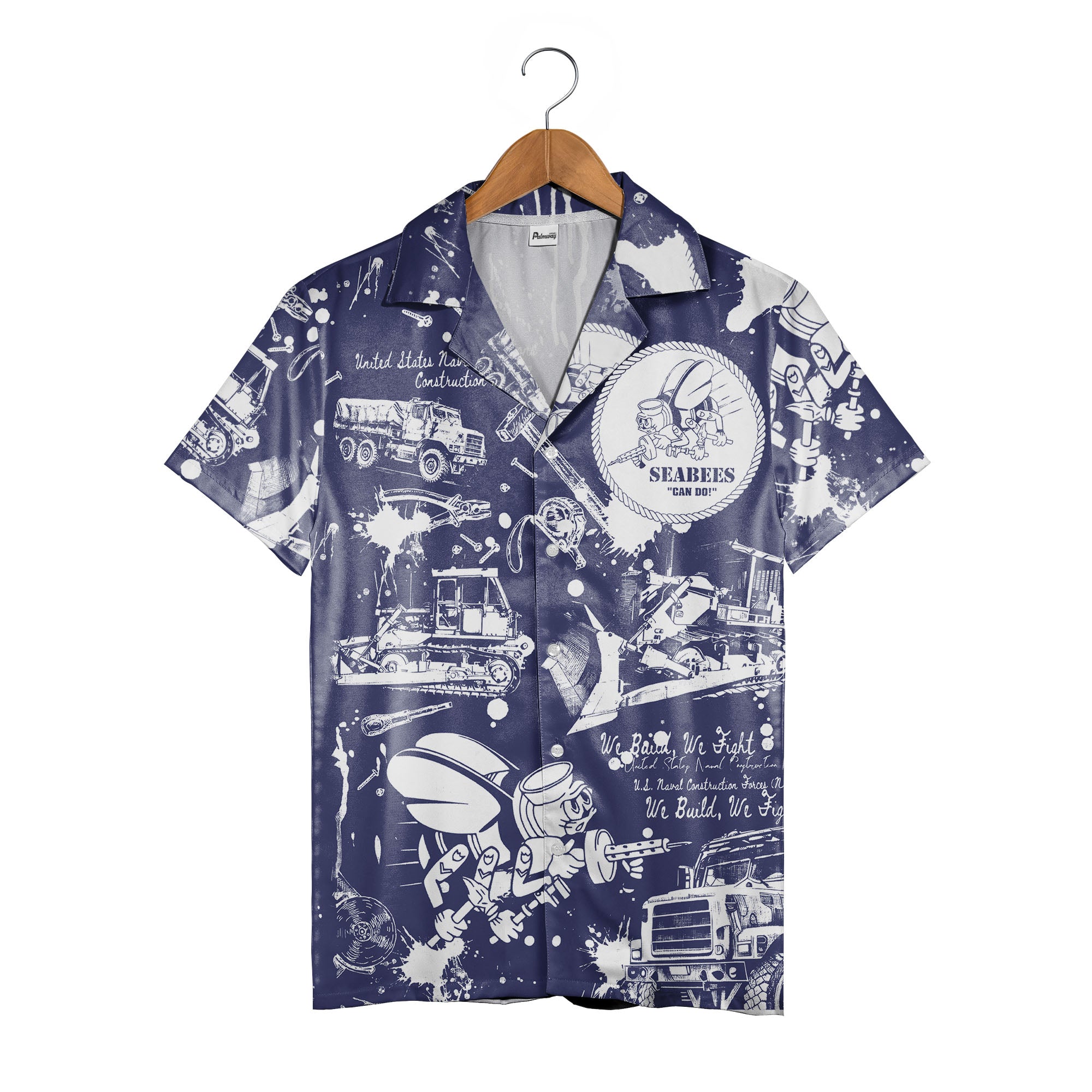 Navy Seabees Blueprint Hawaiian Shirt - Construction Tools & Military Mascot Print