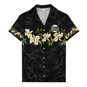 orchid & bamboo photoreal black hawaiian shirt