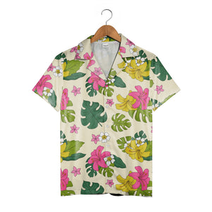 Pale Beige Hand-Drawn Monstera Hawaiian Shirt with Large Yellow Pink Flowers