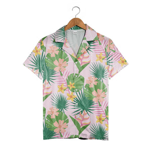 Pale Pink Grid Monstera Heliconia Hawaiian Shirt with Fan Palm and Fern