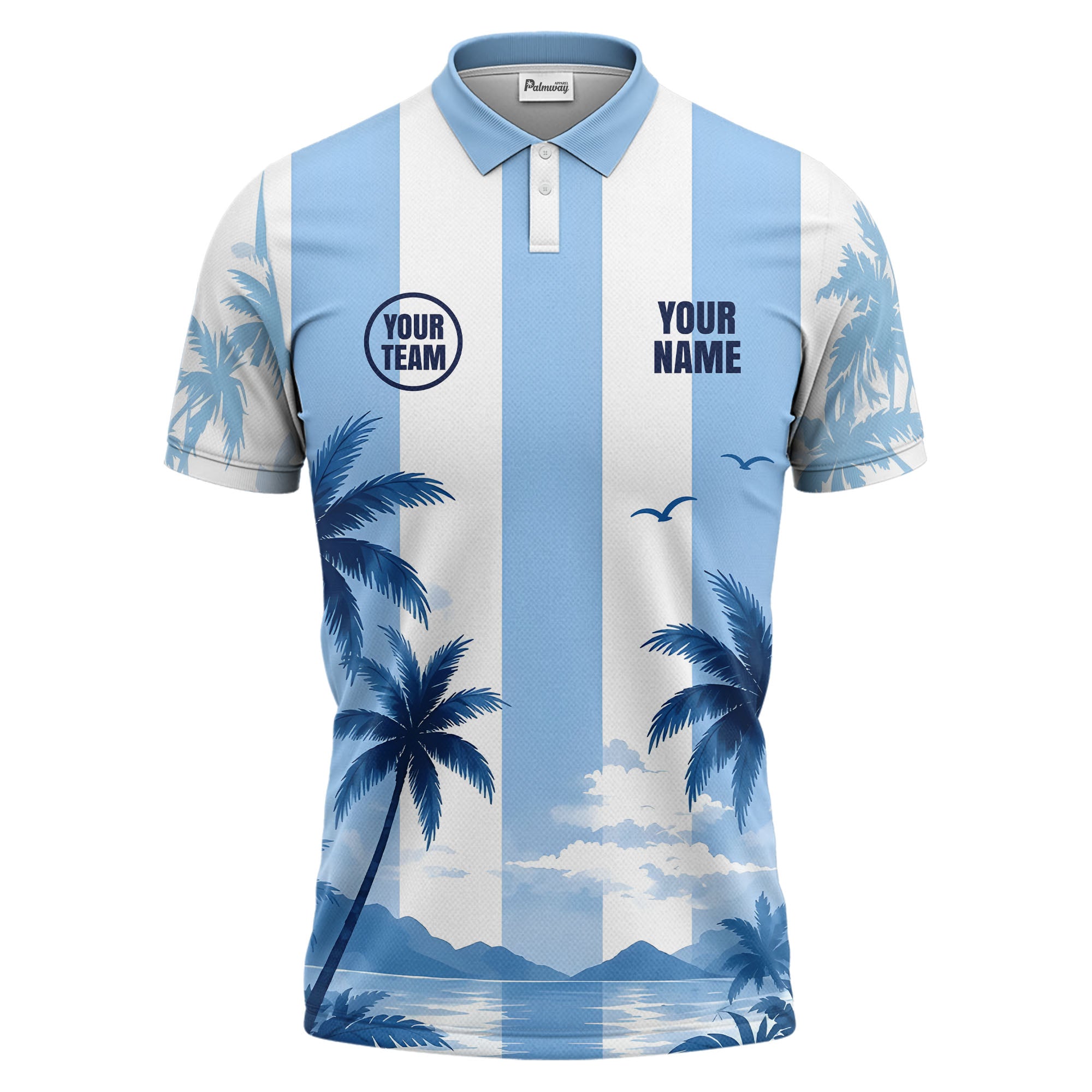 palm trees & seagulls sky blue stripe tropical beach polo shirt