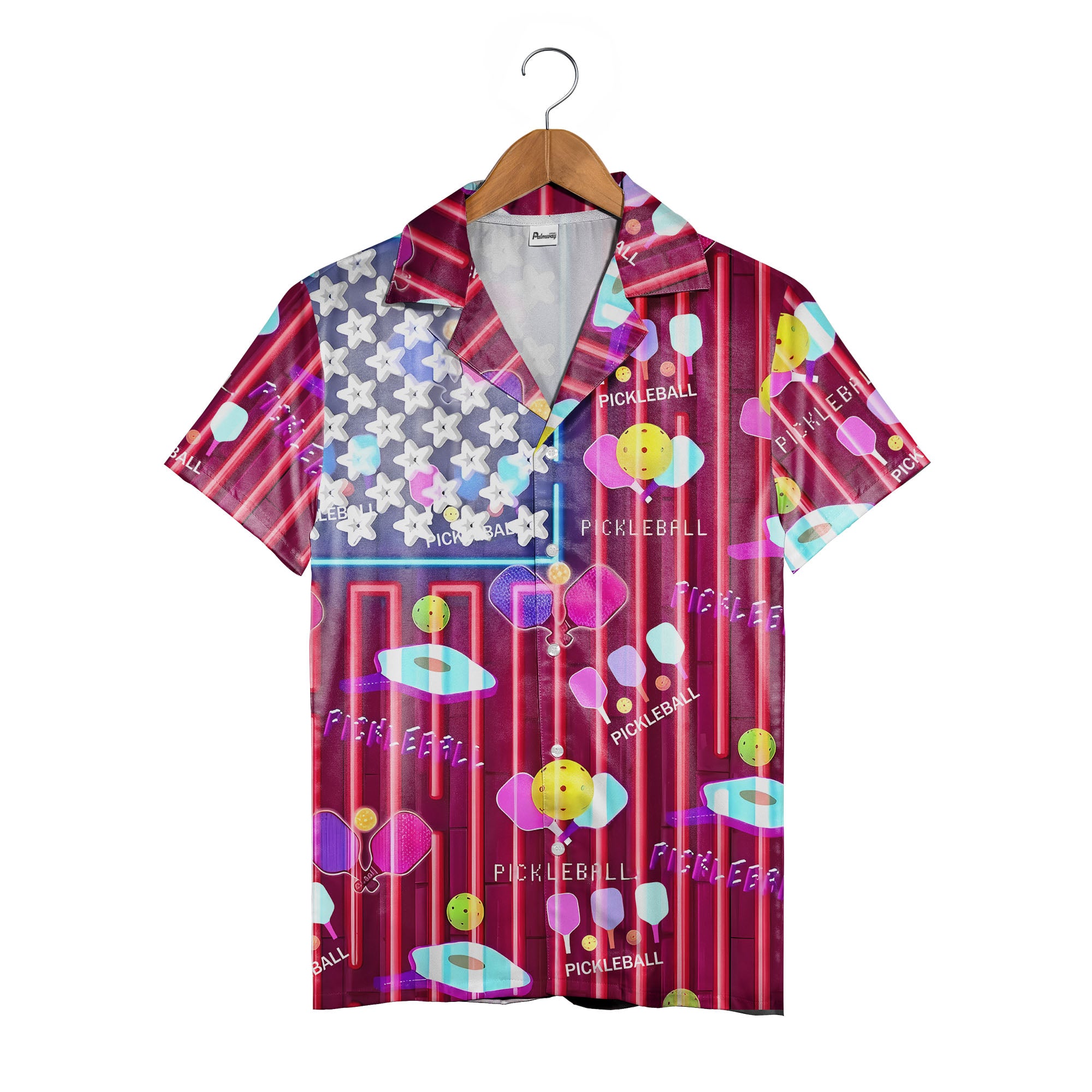 Patriotic Pickleball Hawaiian Shirt - Neon Stars USA Flag Sports Graphic Print