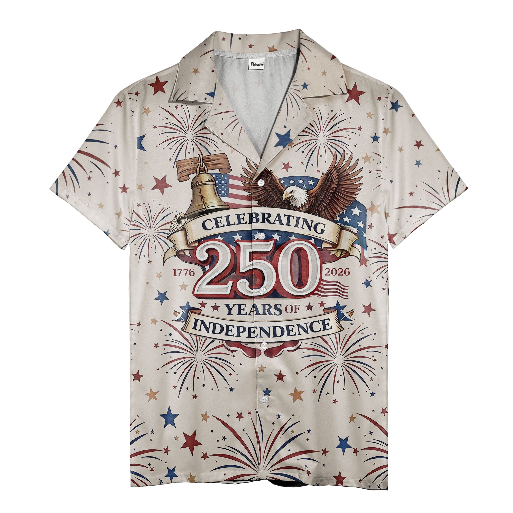 patriotic usa celebration hawaiian shirt with repeating eagle & fireworks design