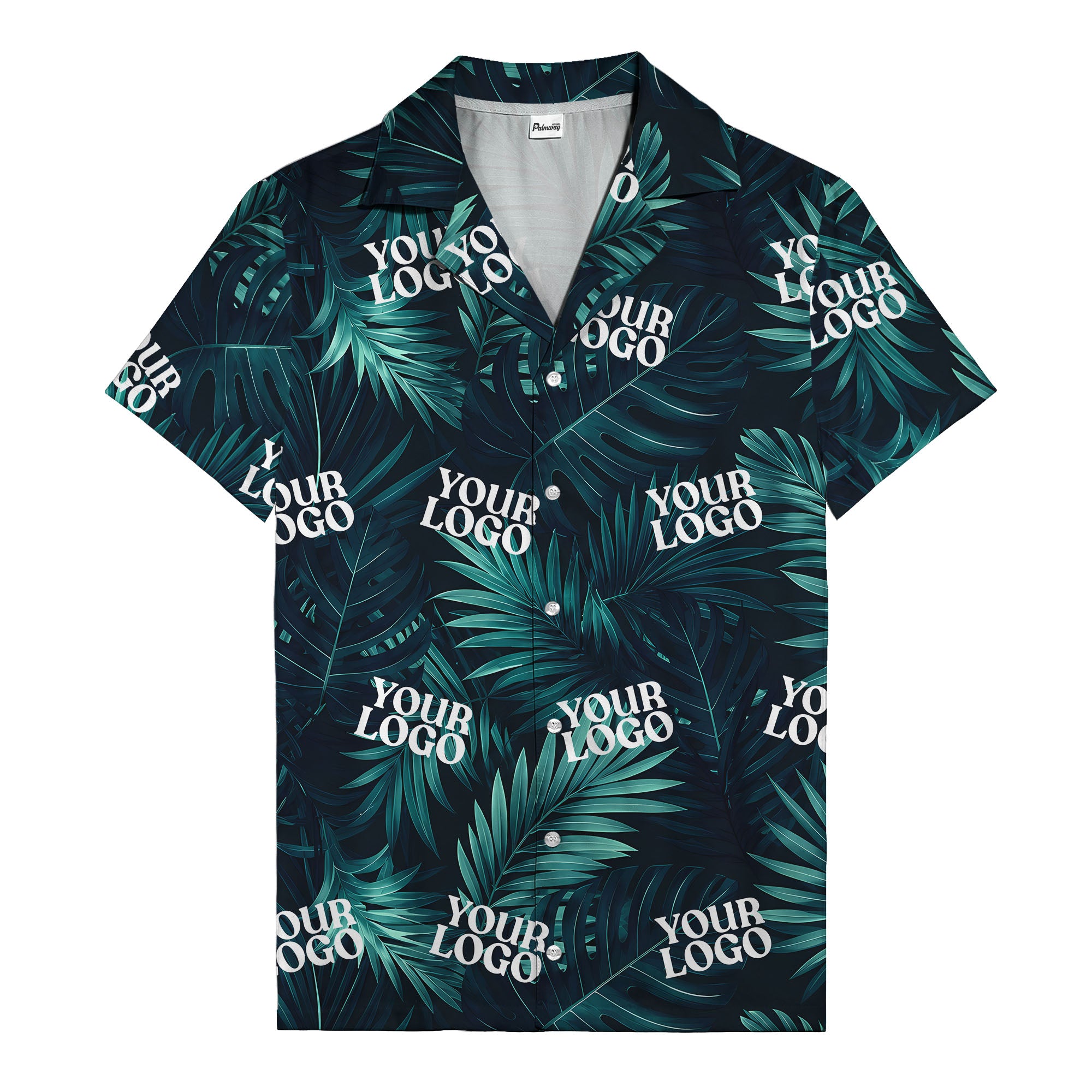 photorealistic palm leaves custom logo navy blue hawaiian shirt