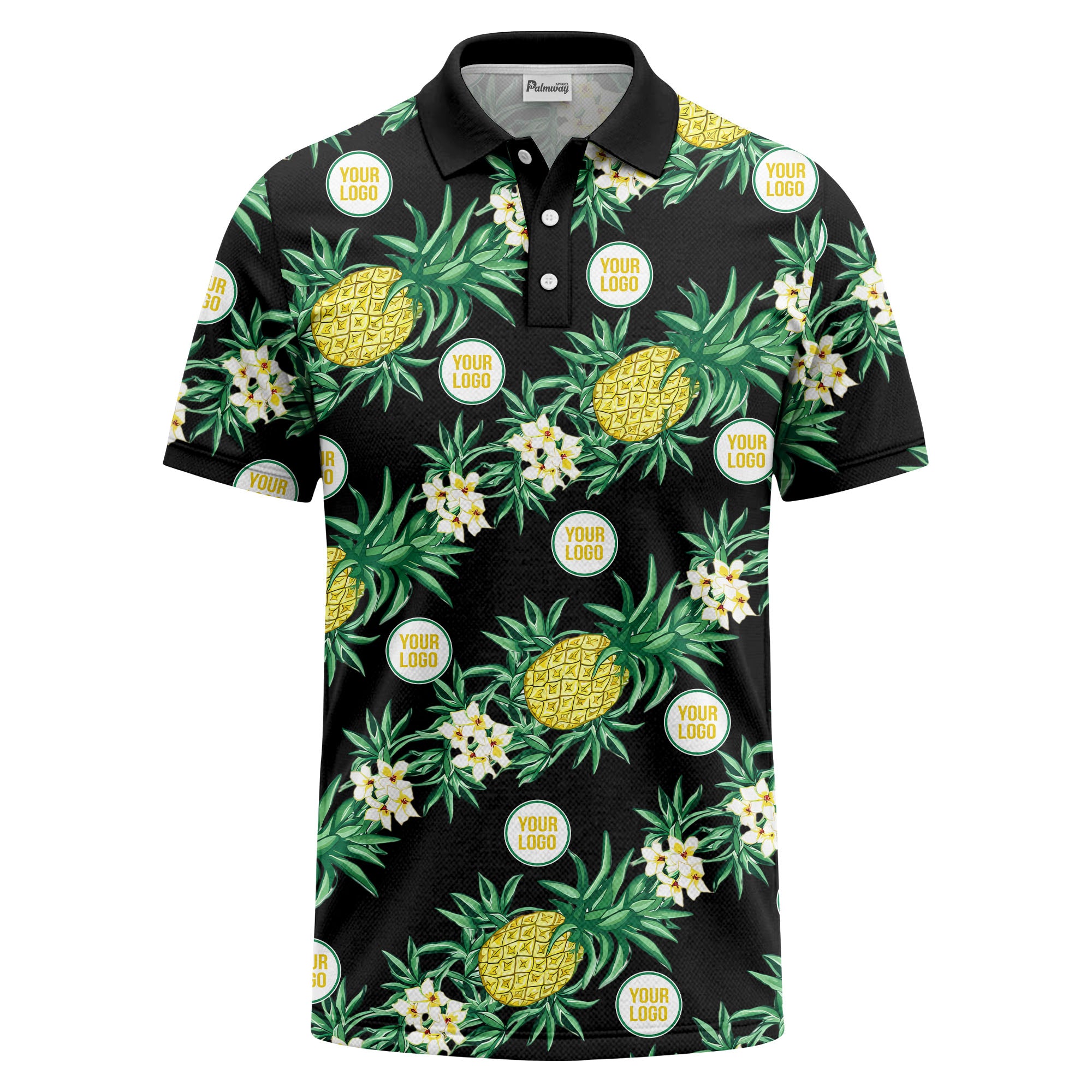 pineapple plumeria repeat pattern black polo shirt for men