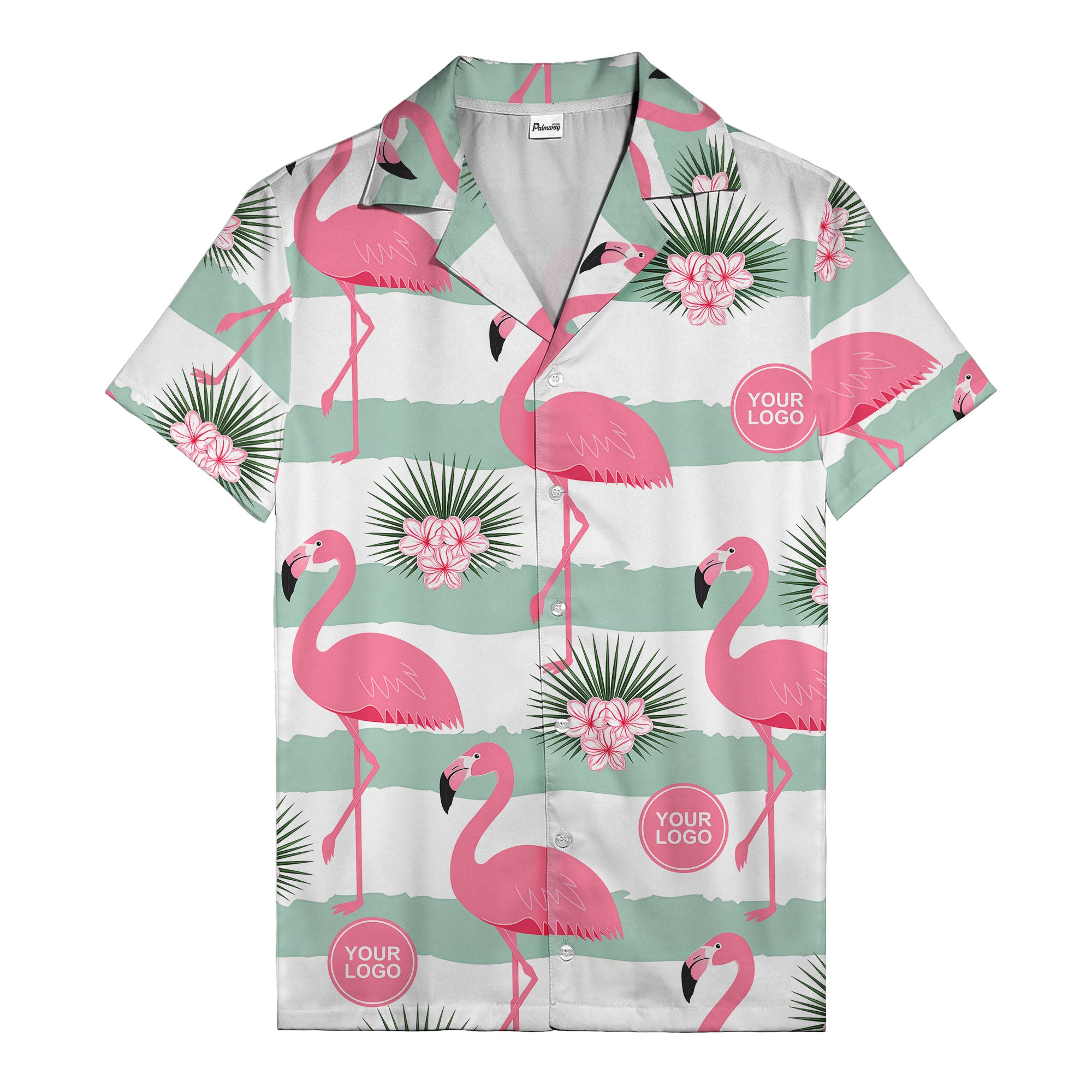 pink flamingos watercolor aloha shirt with mint stripes and tropical flowers hawaiian shirt