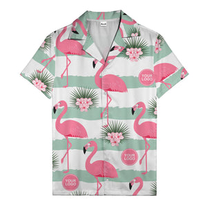 pink flamingos watercolor aloha shirt with mint stripes and tropical flowers hawaiian shirt
