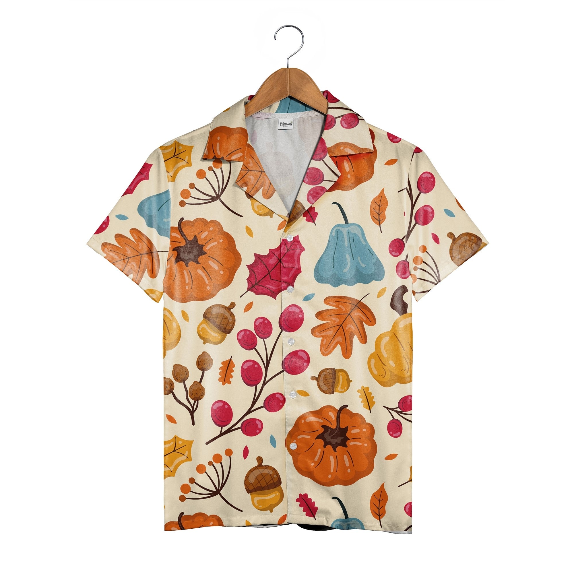 Pumpkin Patch Hawaiian Shirt with Blue Gourds and Red Berry Branches