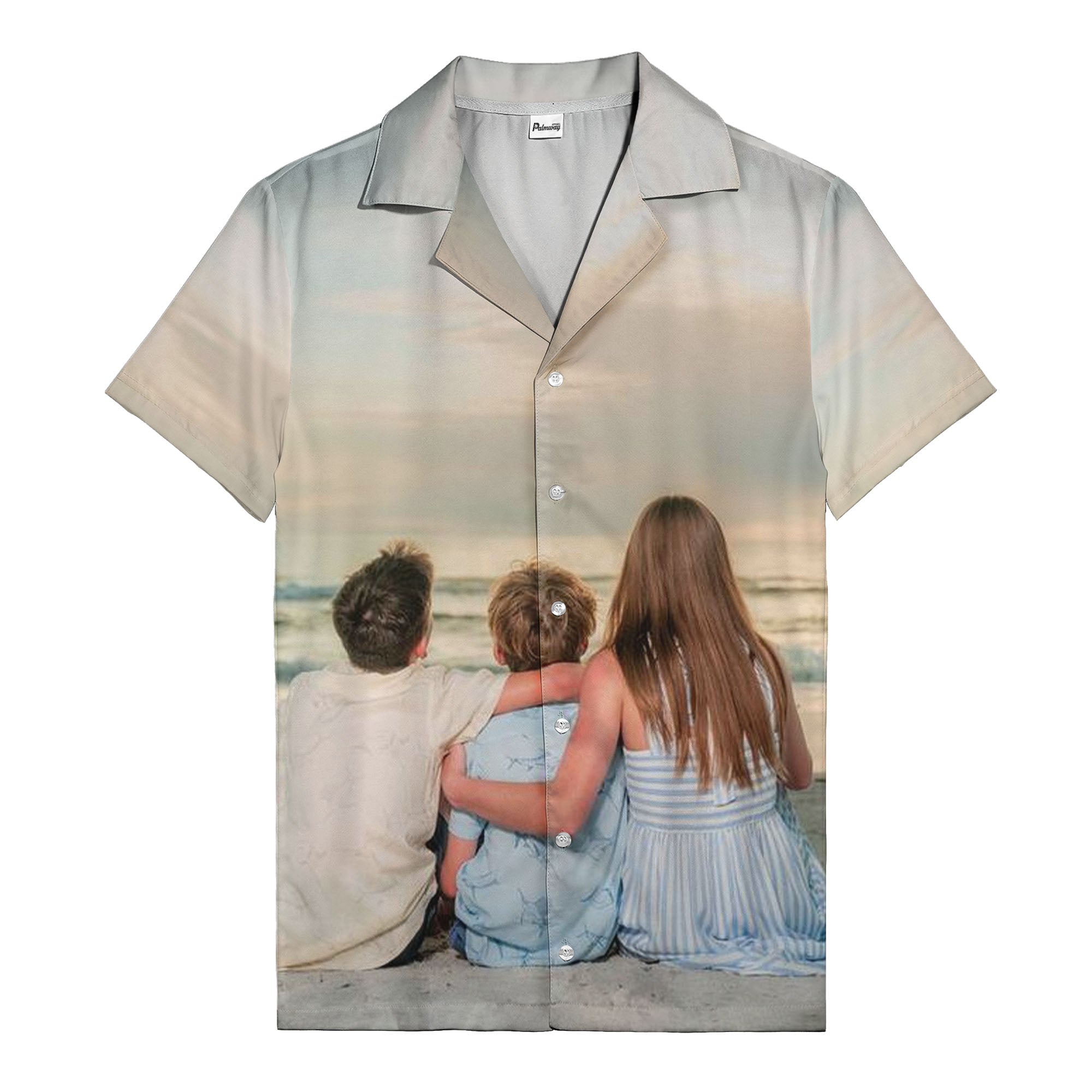 realistic beach family vacation scene hawaiian shirt with sand & surf aloha vibe