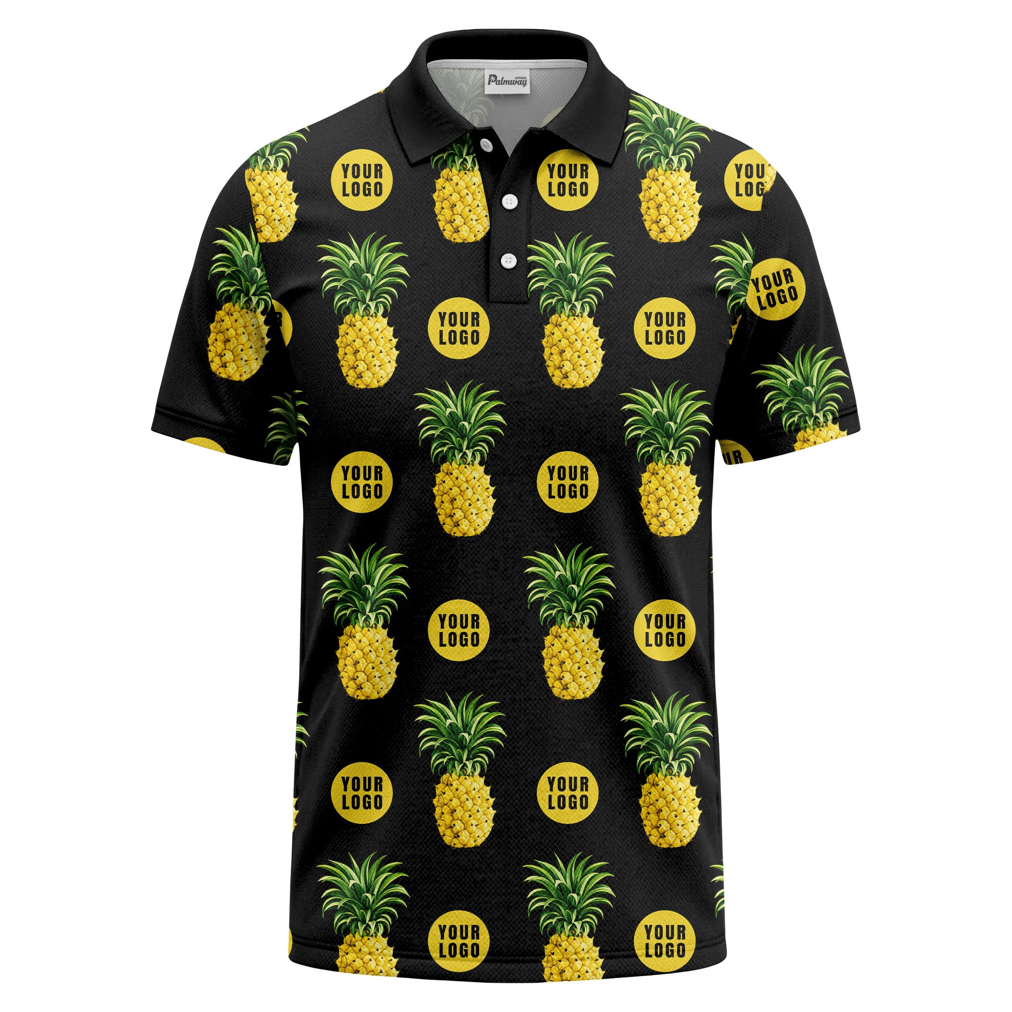 realistic pineapple repeat & custom logo black polo shirt