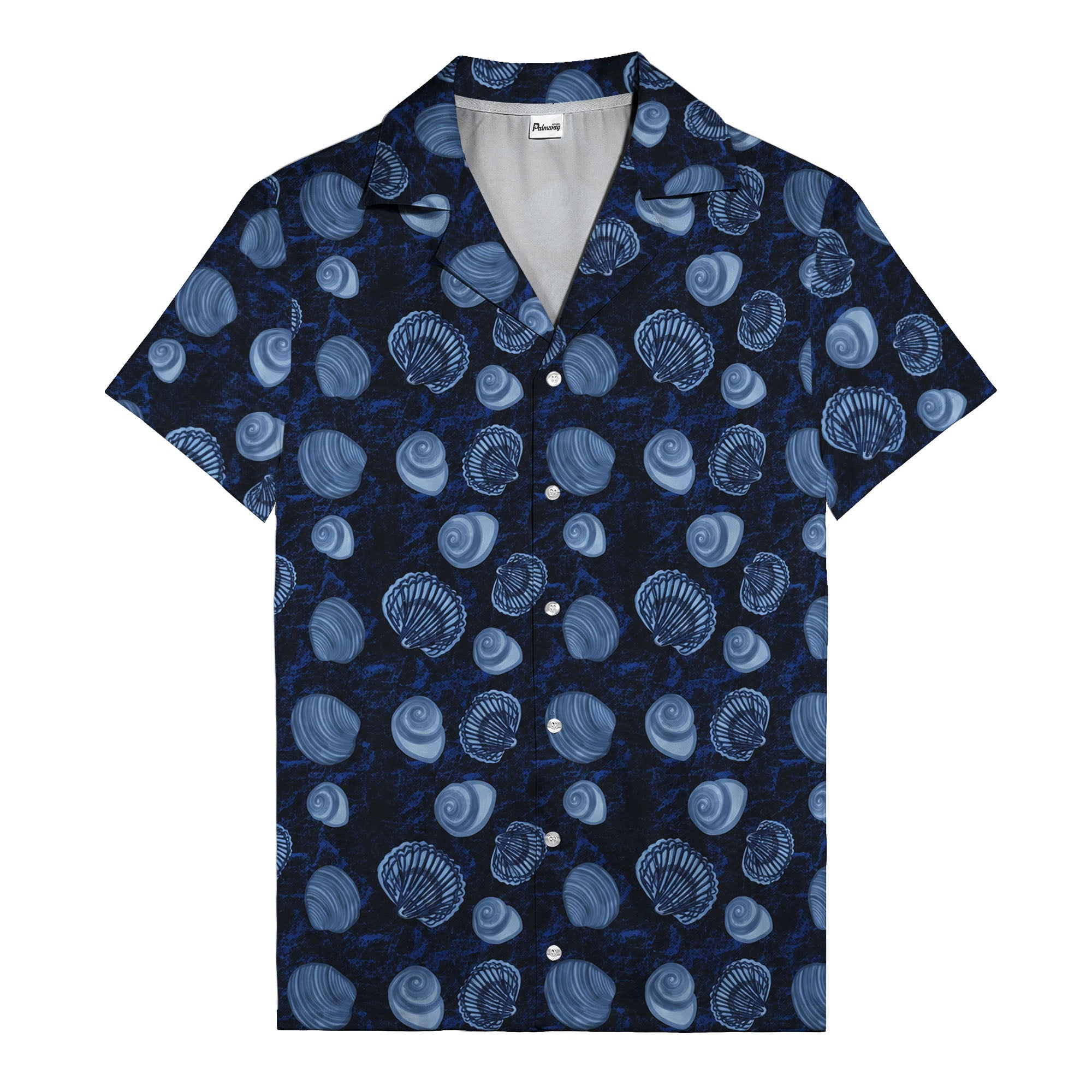 realistic seashell & spiral shell repeat navy blue hawaiian shirt