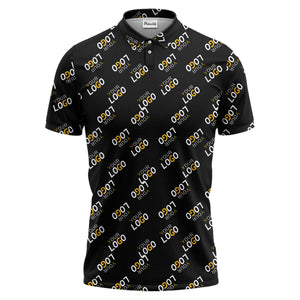 repeating gold logo hawaiian polo shirt with custom text overlay