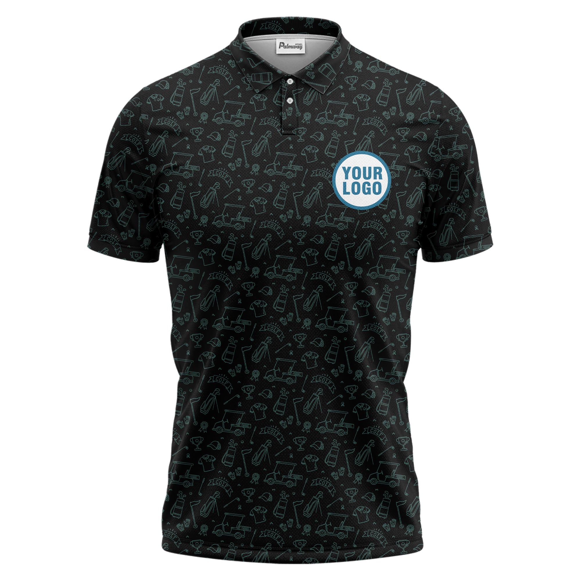 repeating illustrated golf carts clubs balls teal black polo shirt for men