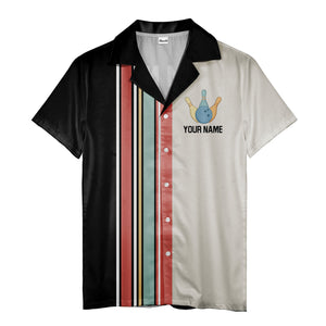 retro bowling team hawaiian shirt, vintage striped aloha button down shirt