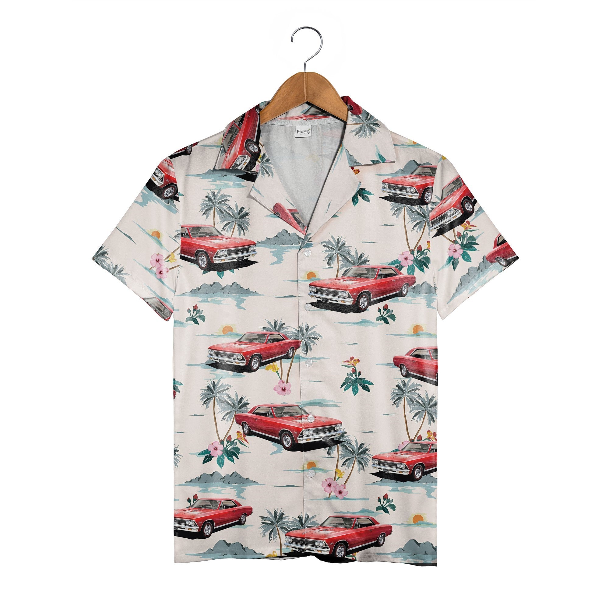 Retro Classic Car Hawaiian Shirt with Mountain Sunset Scene