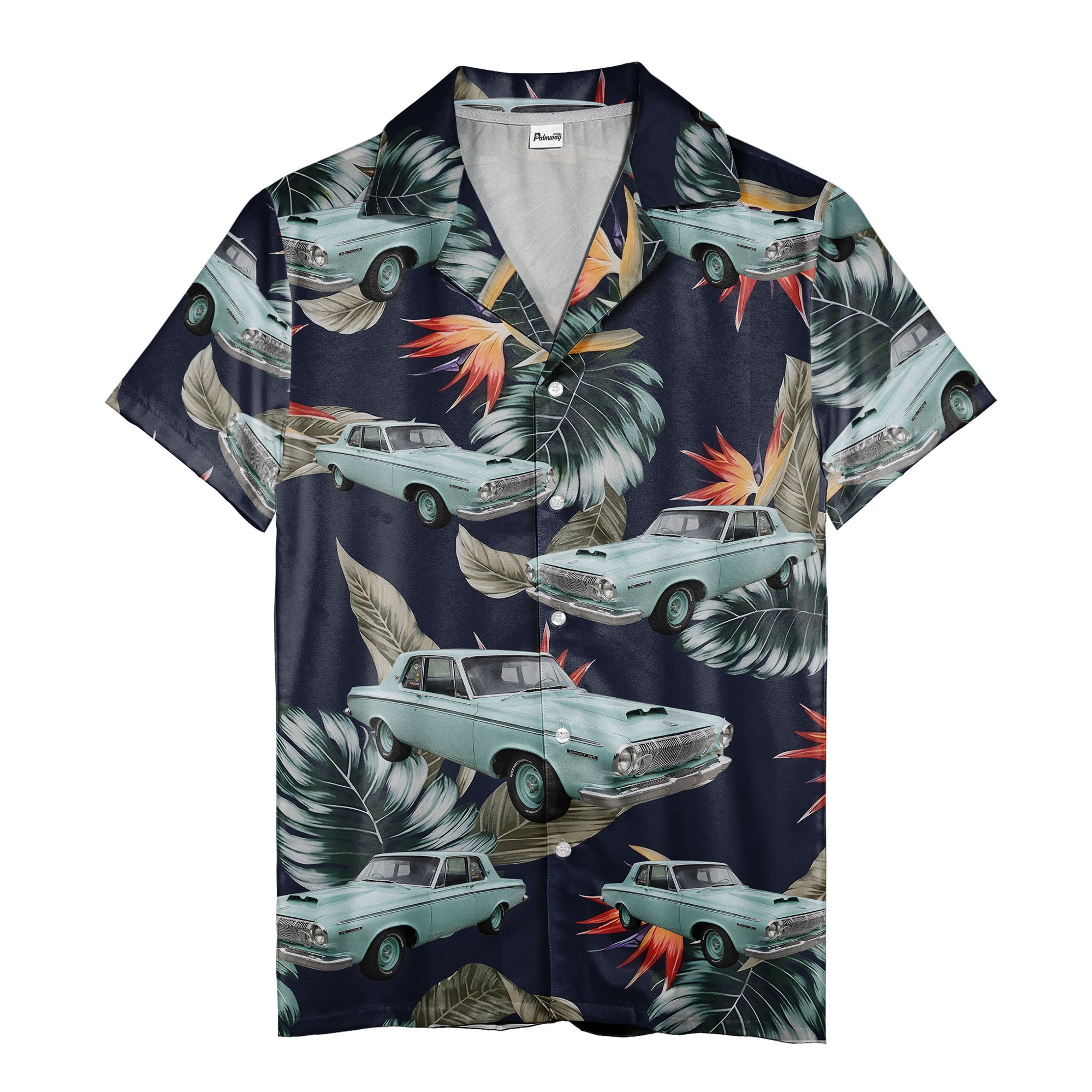 retro classic cars & palm leaves dark blue tropical hawaiian shirt for men