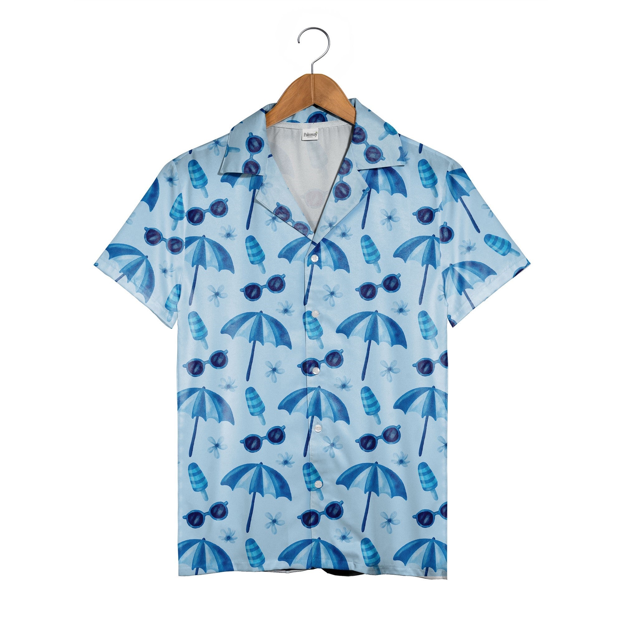 Romantic Cobalt Hawaiian Shirt with Watercolor Plumeria Flowers
