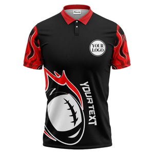 rugby ball bursting through flames black red graphic polo shirt for men