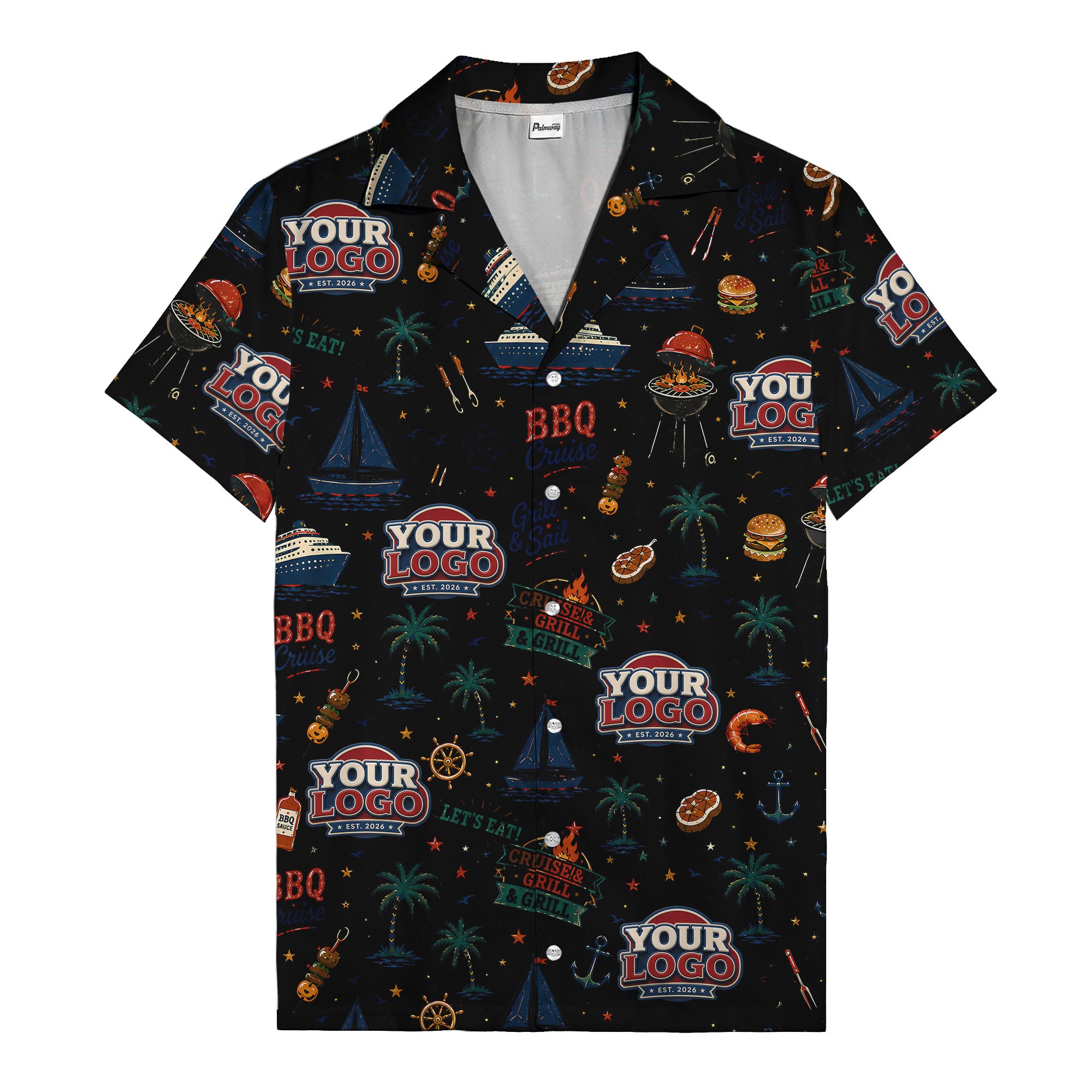 sailboats anchors ship wheels hamburger shrimp steak grill tools hawaiian shirt for men