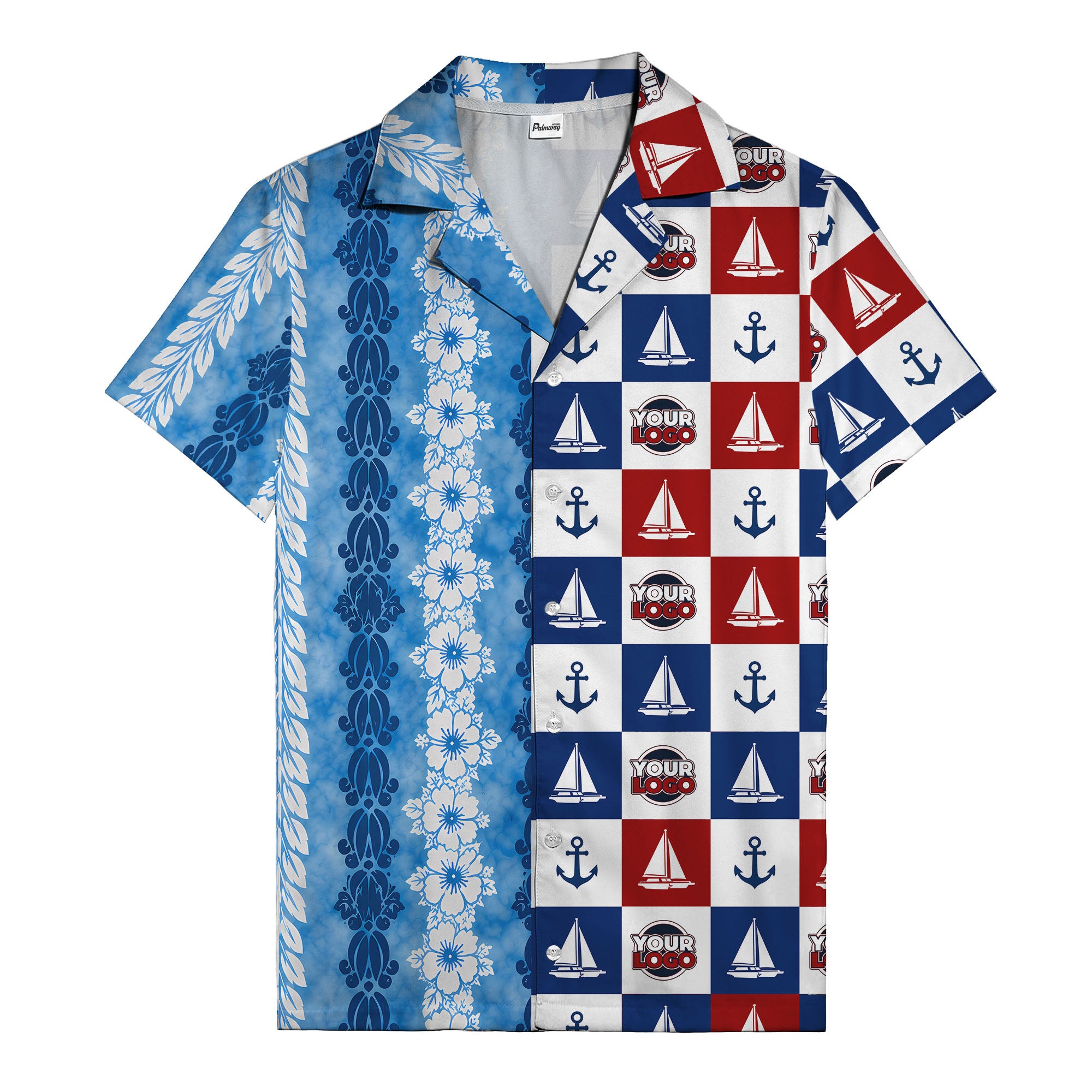 sailing boats & anchors checkered navy blue hawaiian shirt for men
