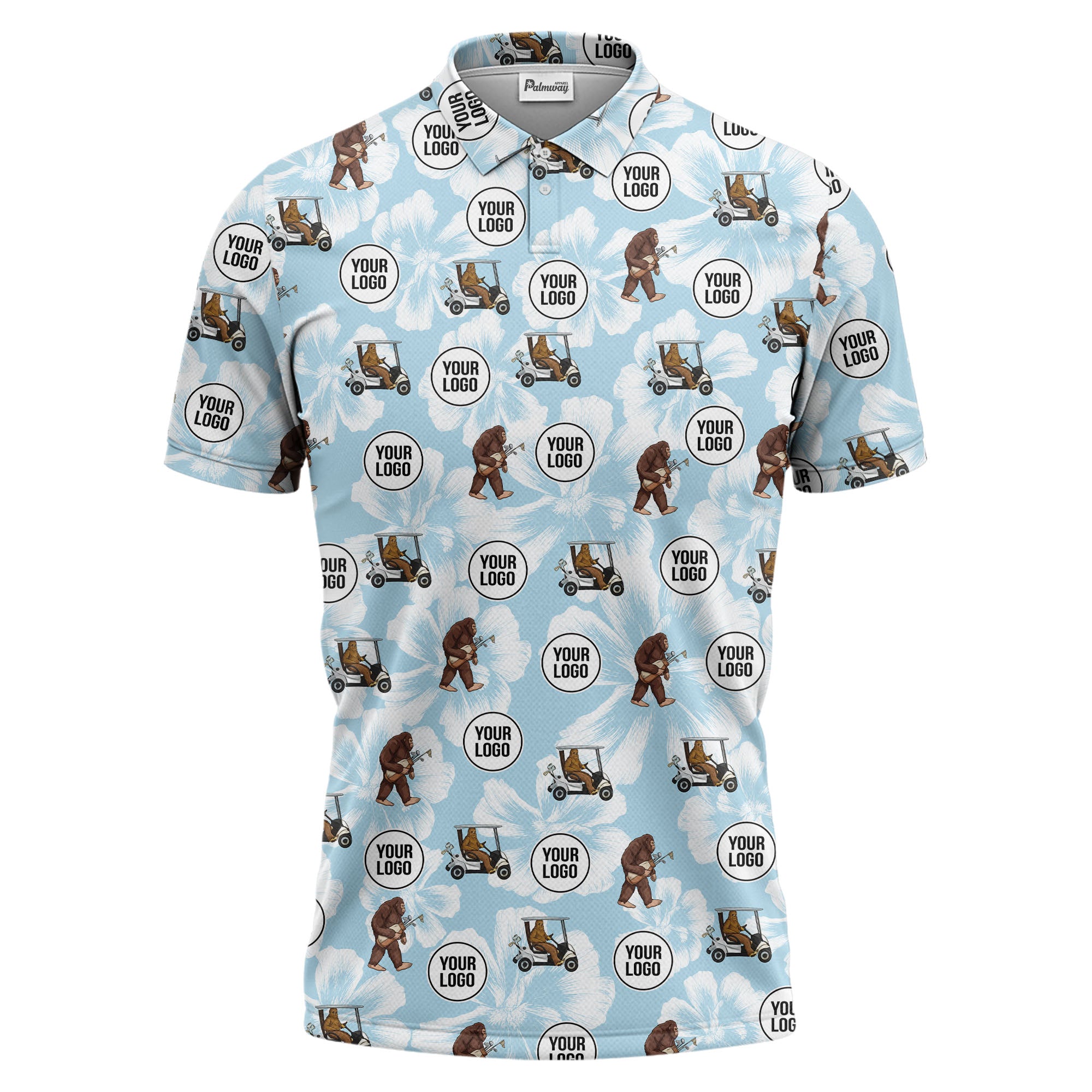 Sasquatch Banjo Golf Carts Tropical Repeating Illustrated Blue Polo Shirt