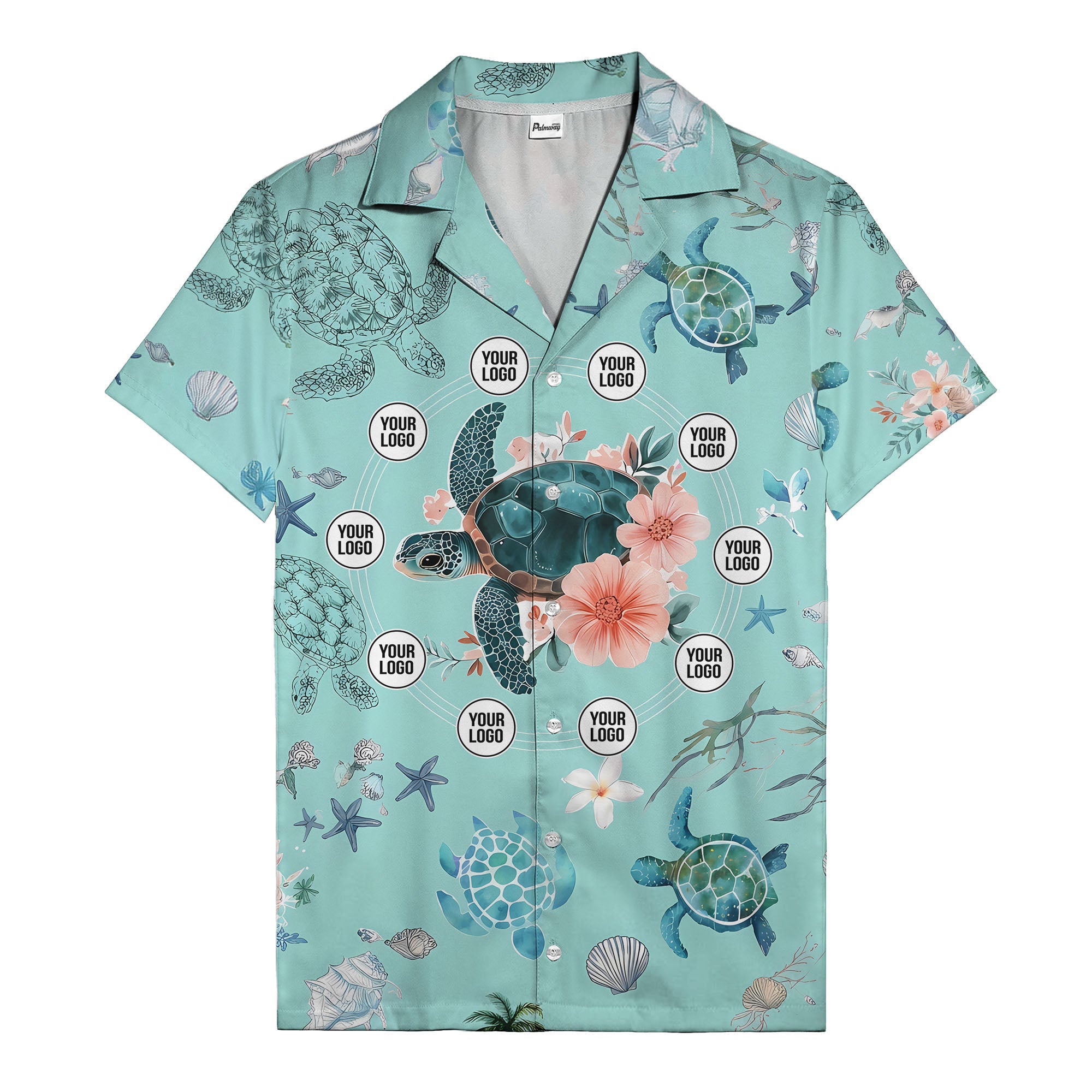 sea turtles swim through coral reef and hibiscus watercolor hawaiian shirt