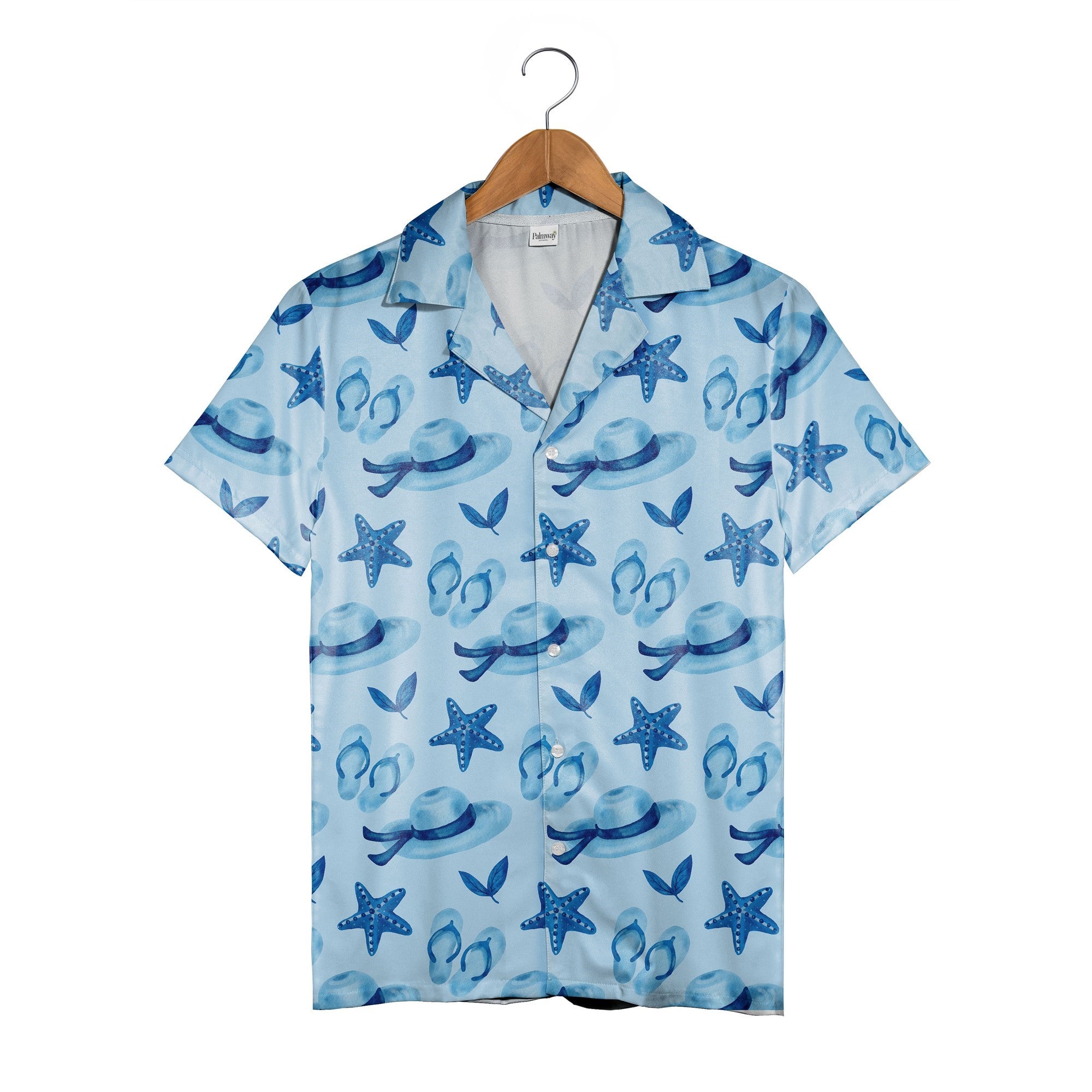 Seaside Escape Hawaiian Shirt with Starfish and Sun Hats in Watercolor Blues