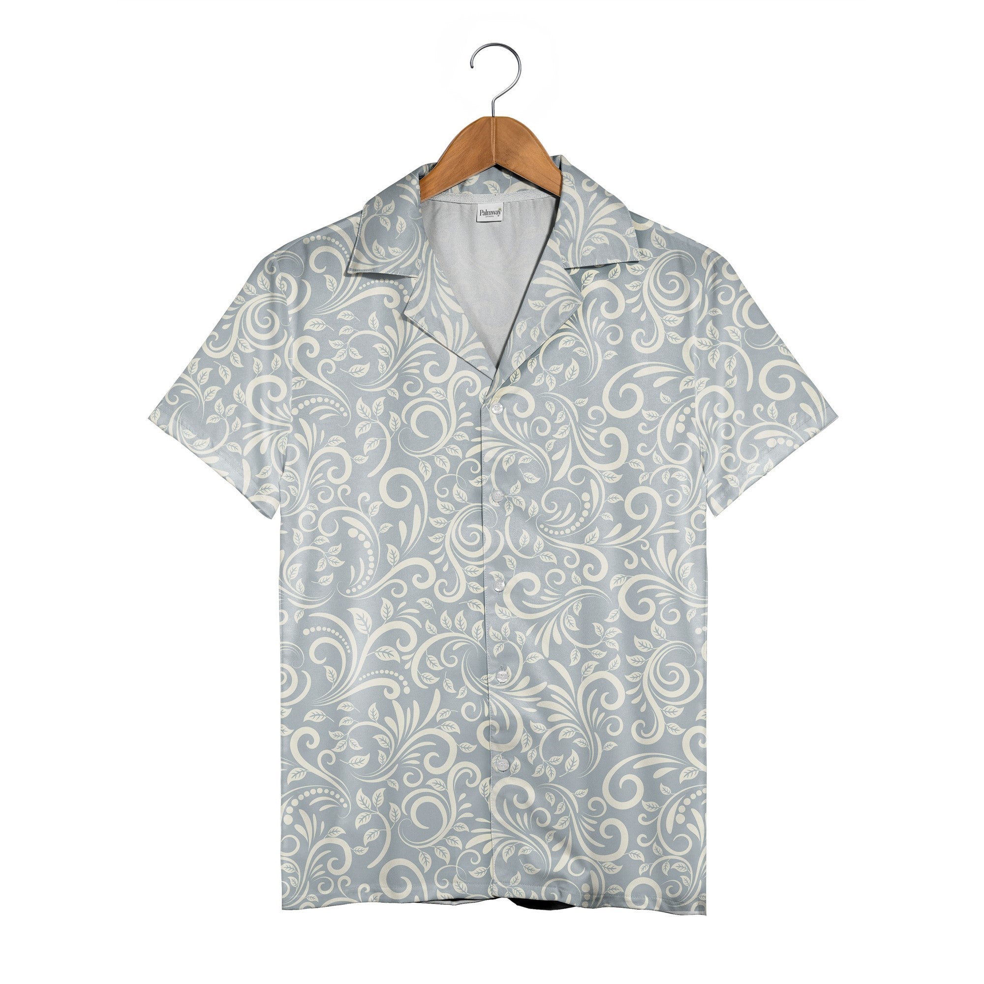 Serene Damask Hawaiian Shirt with Ornamental Scrolls in Pale Blue Gray