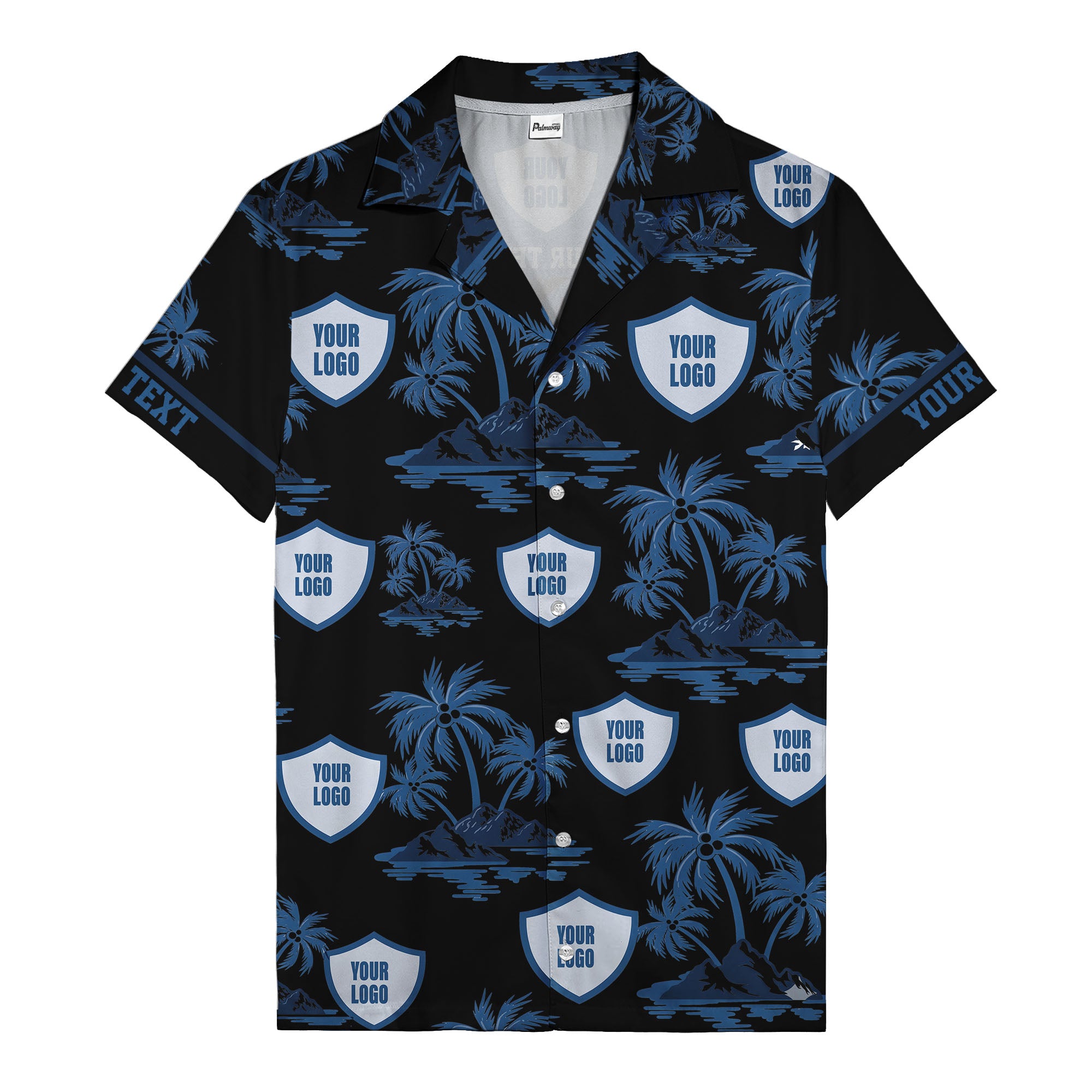 shield logo palm tree island scene navy blue hawaiian shirt for men