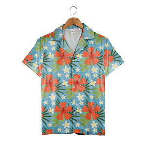 Sky Blue Coral Orange Hibiscus Hawaiian Shirt with Plumeria and Monstera