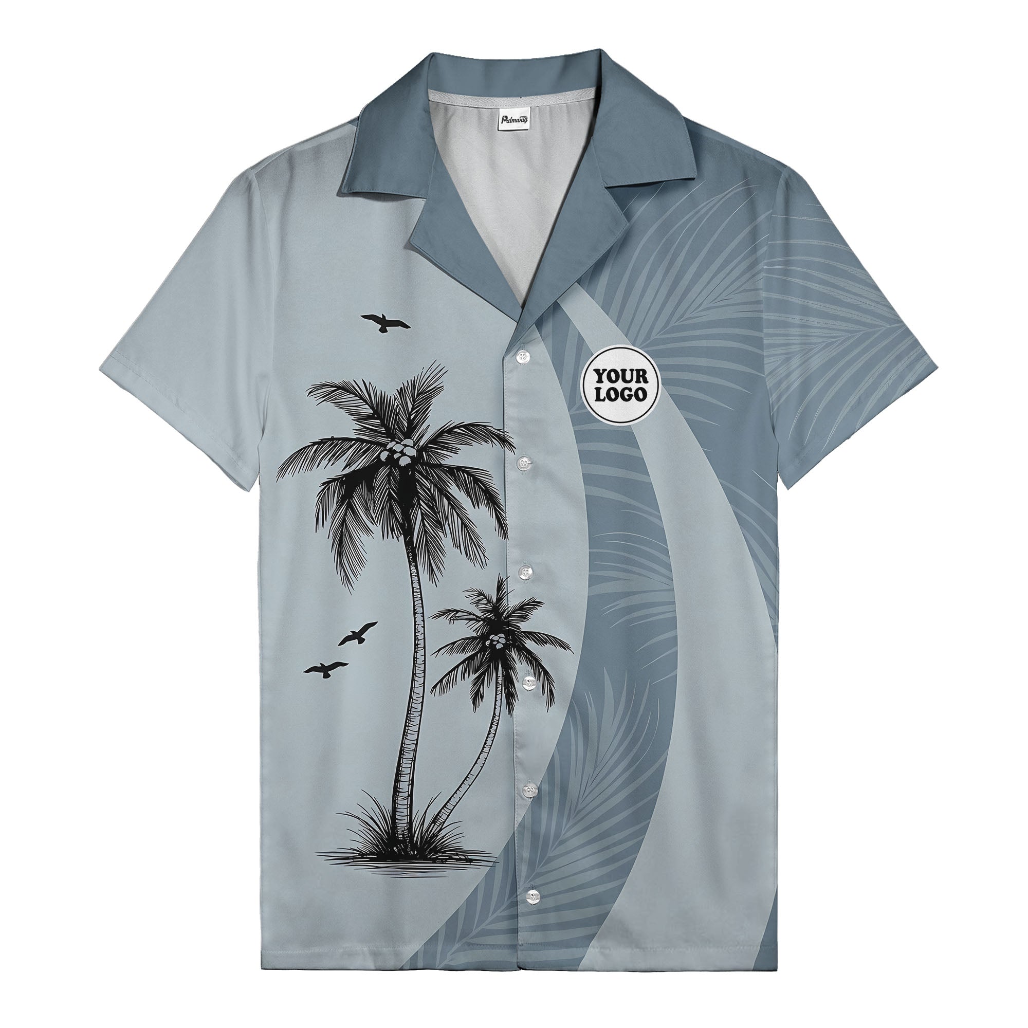 slate blue palm silhouettes with flying birds tropical hawaiian shirt