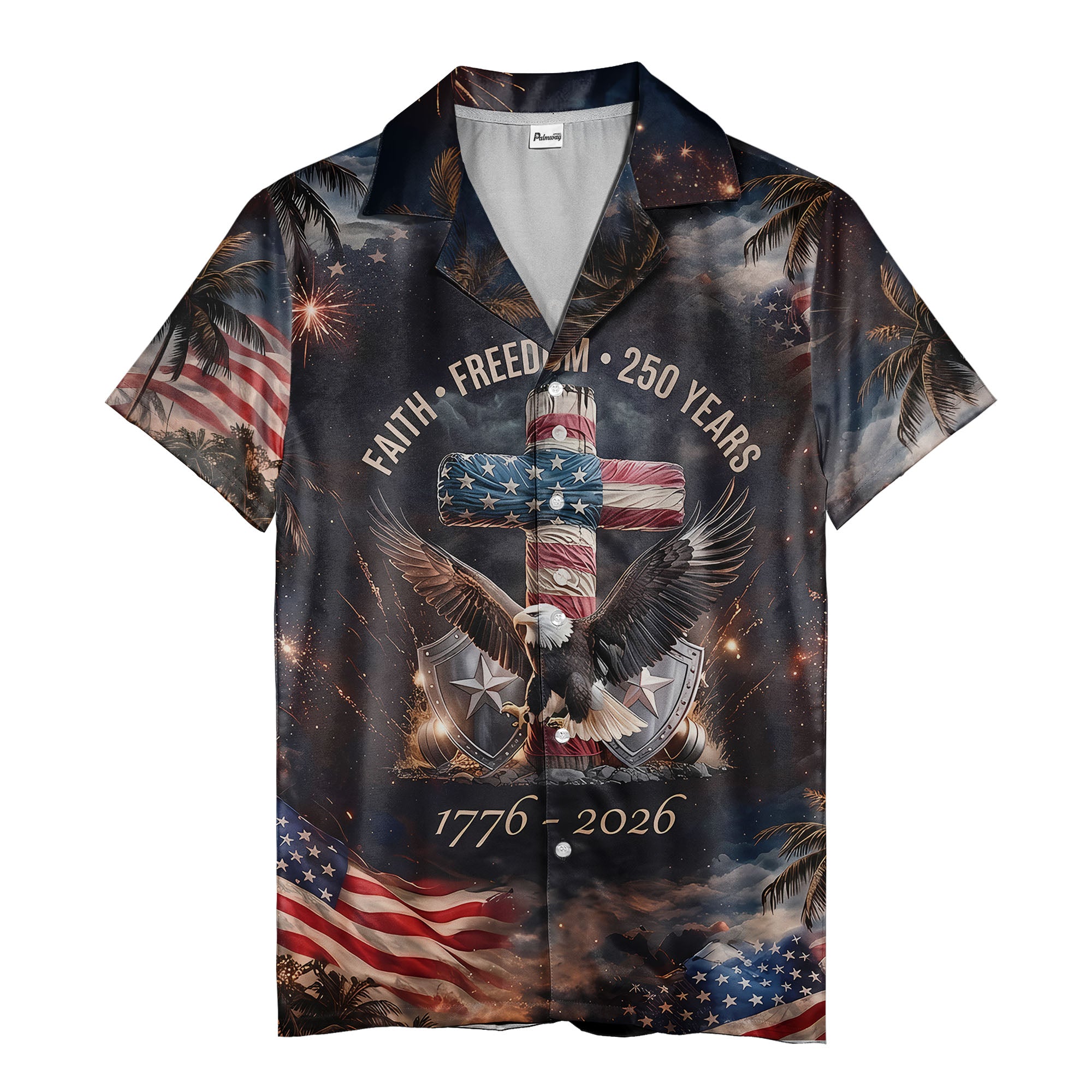 soaring bald eagle fireworks palms patriotic hawaiian shirt for men