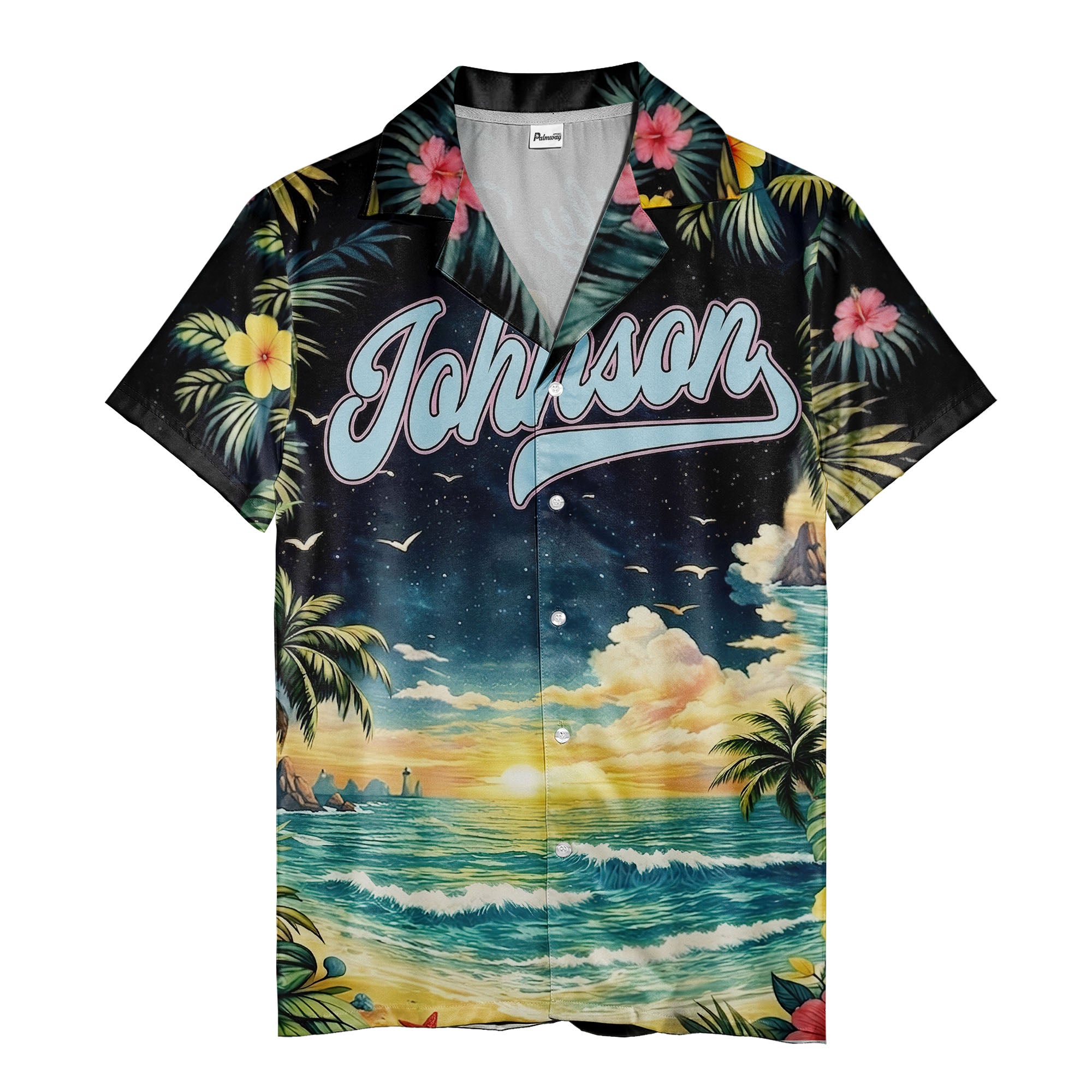 starlit beach sunset with palm trees hawaiian shirt for men