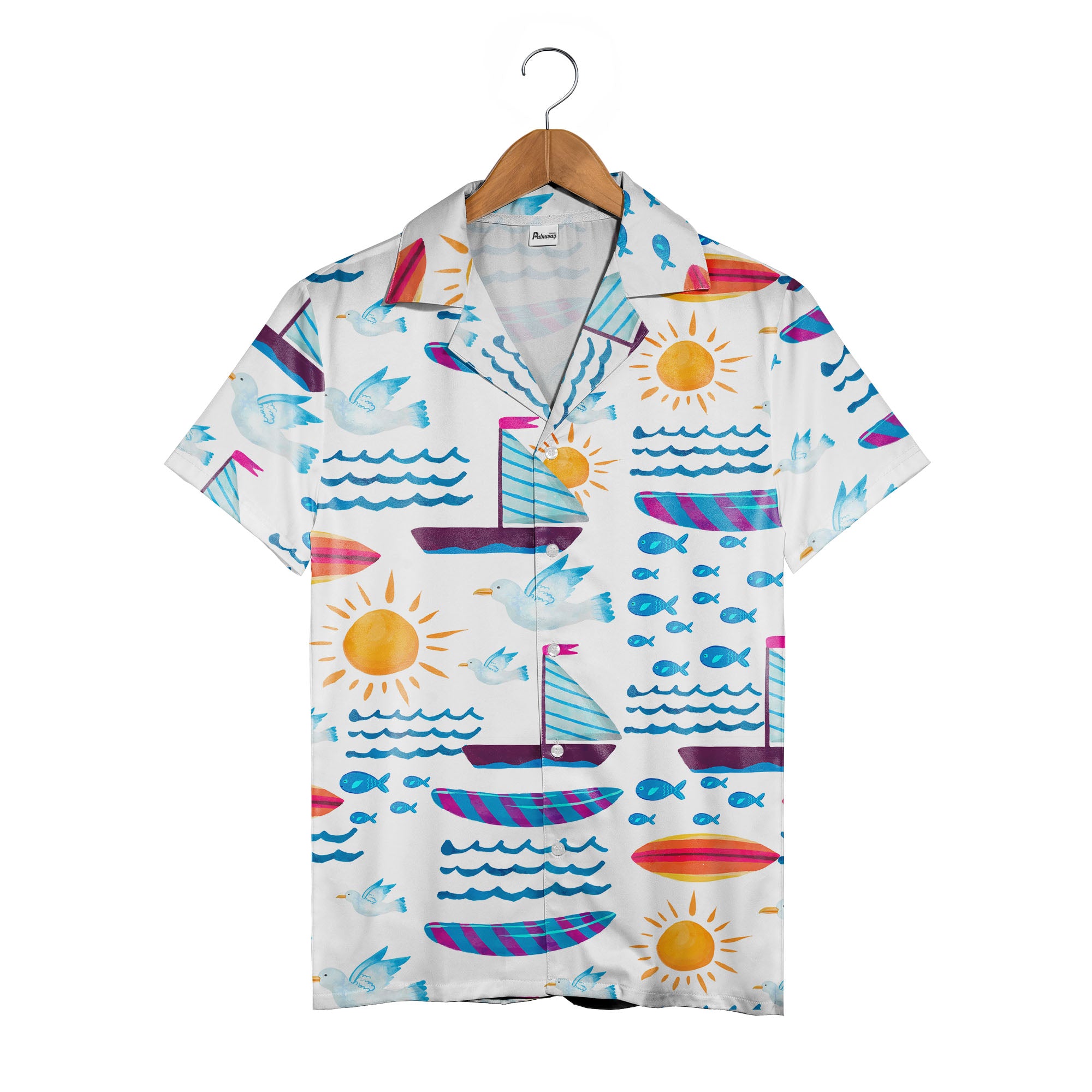 Summer Beach Surfboard & Sailboat Hawaiian Shirt – Fun Tropical Vacation Vibes