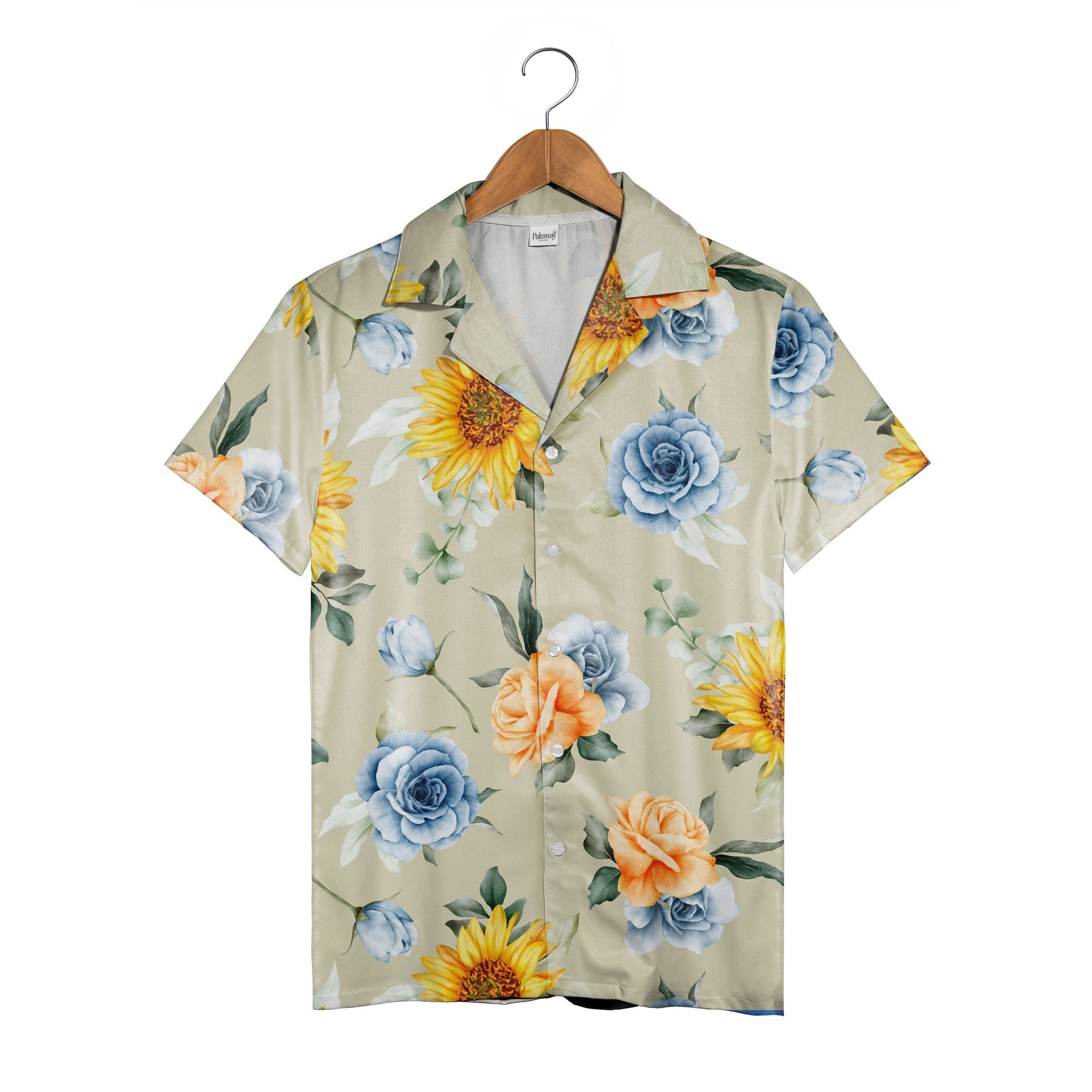 Sunflower and Blue Rose Hawaiian Shirt with Eucalyptus on Khaki Background