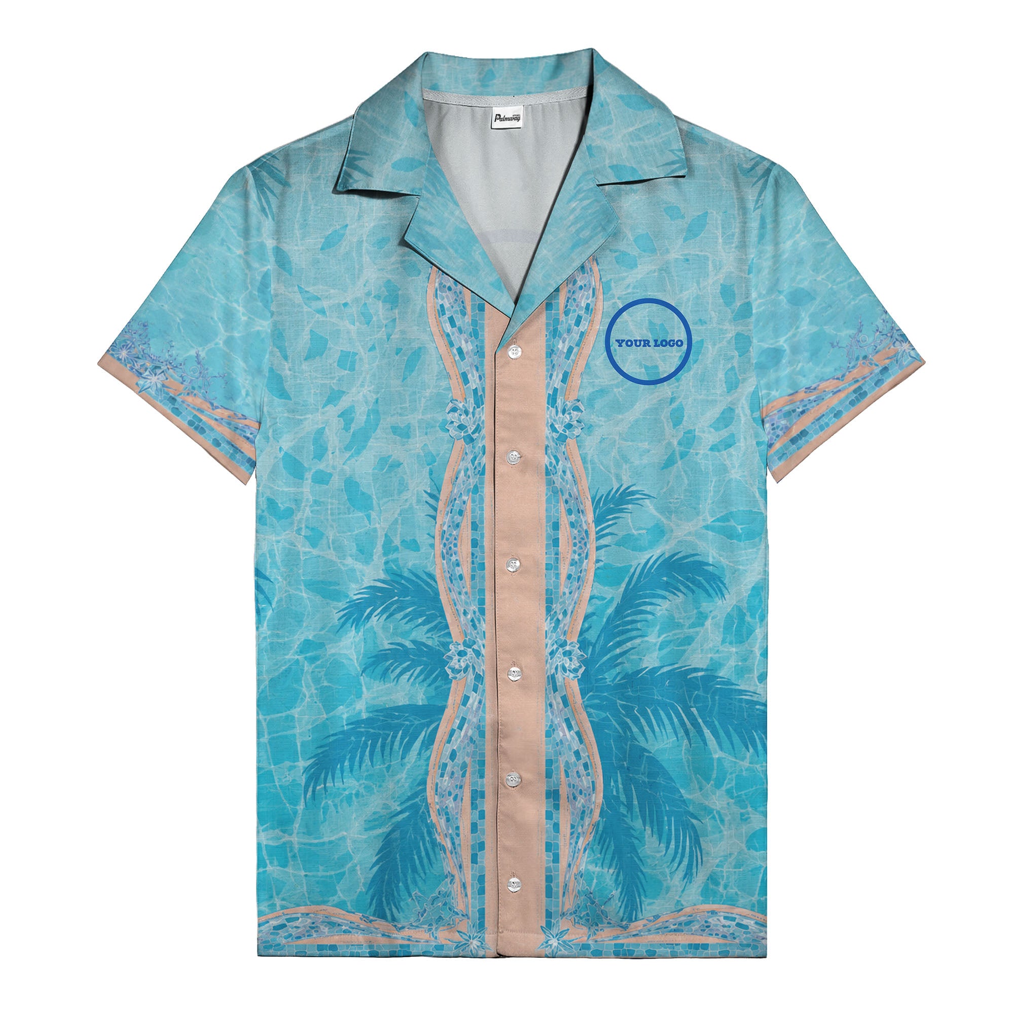 swimming pool mosaic palm trees watercolor hawaiian shirt