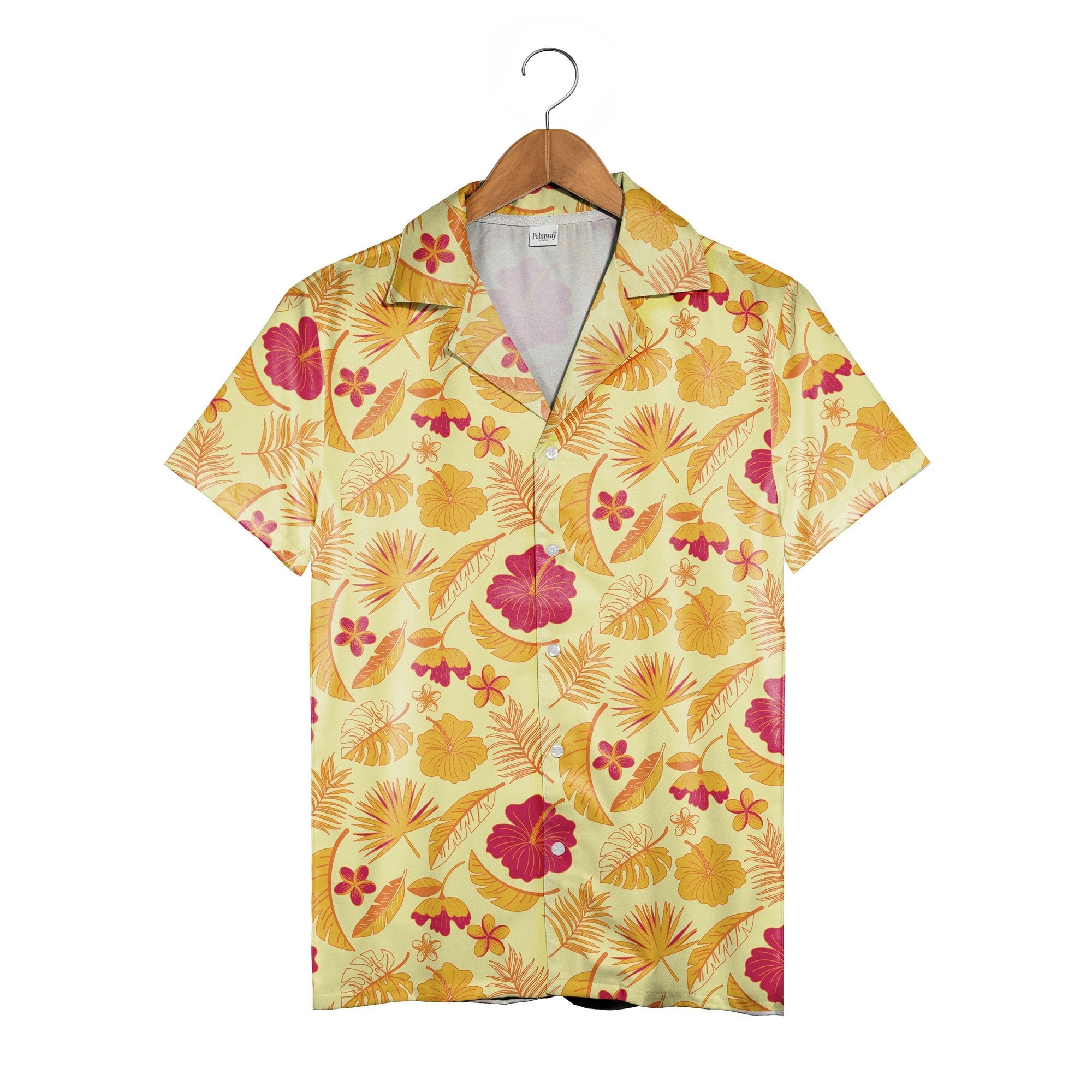 Tangerine Dream Hawaiian Shirt with Fuchsia Plumeria Blossoms