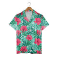 Teal Aqua Hawaiian Shirt with Hot Pink Hibiscus and Palm Leaf Pattern
