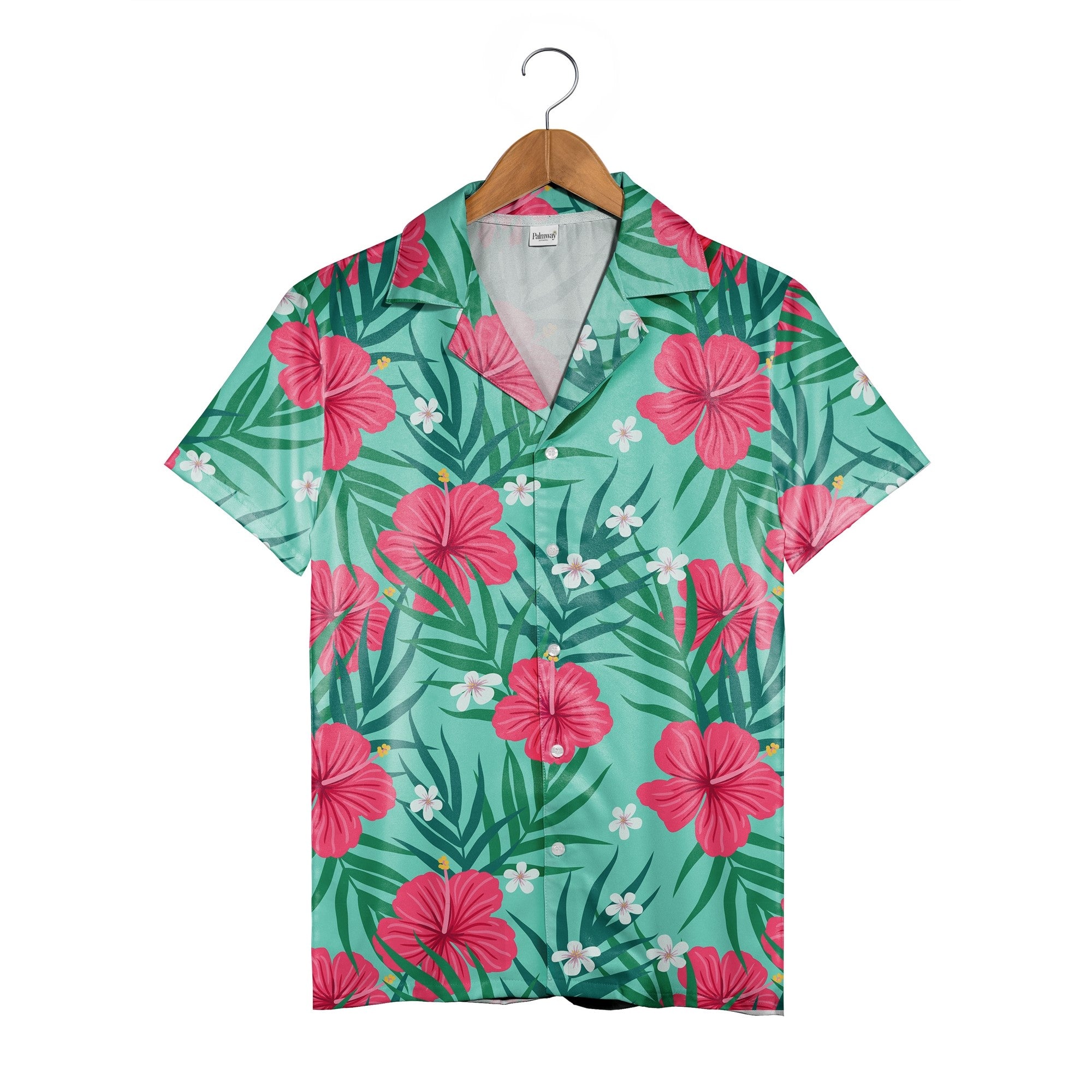 Teal Aqua Hawaiian Shirt with Hot Pink Hibiscus and Palm Leaf Pattern