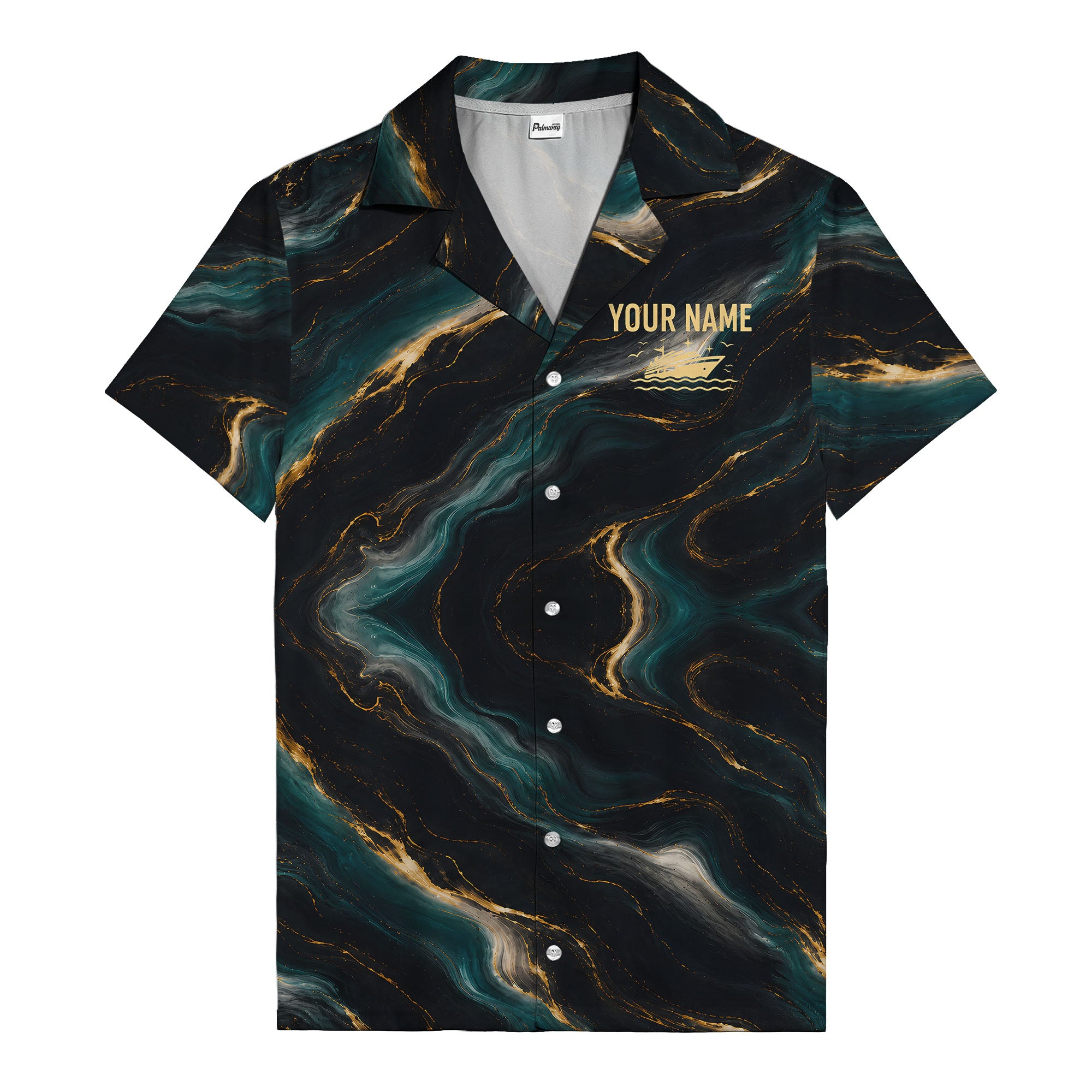 teal gold marble waves luxury yacht abstract hawaiian shirt