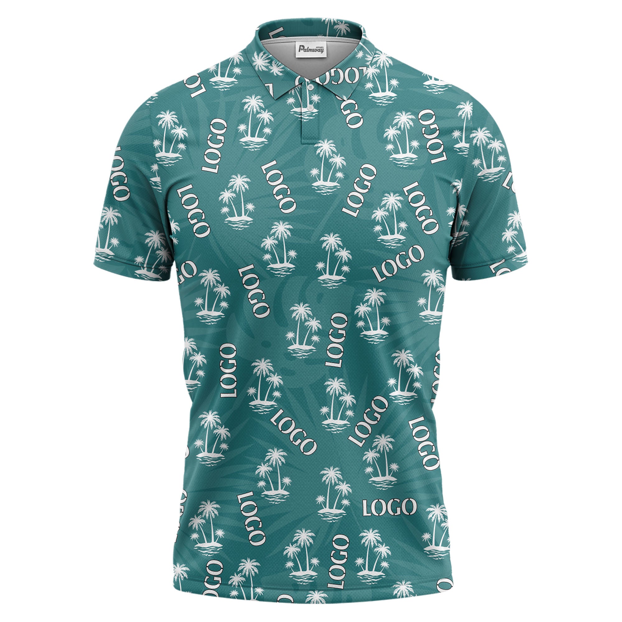 teal tropical island palm trees vacation ready polo shirt for beach days