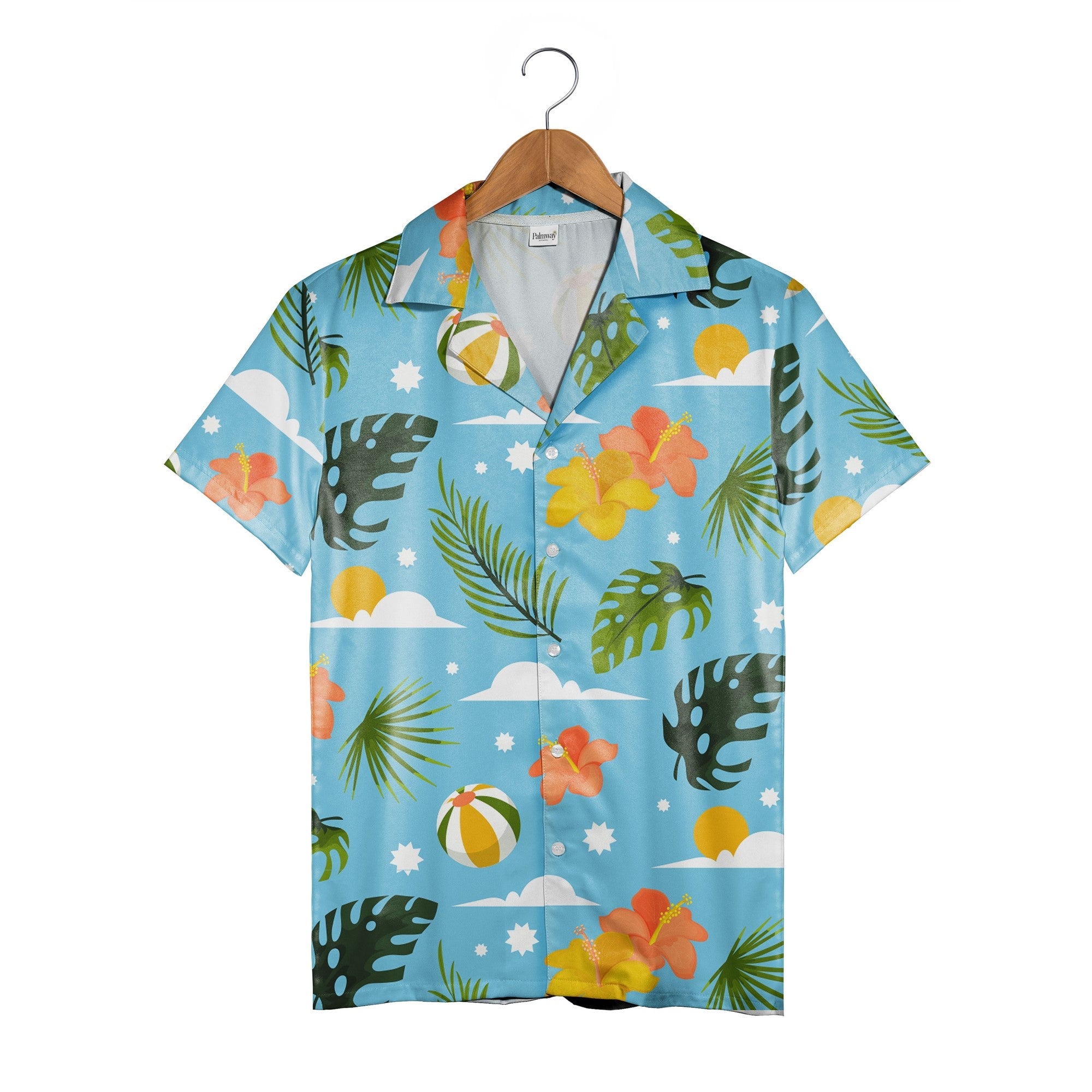 Teal Turquoise Coconut Cocktail Hawaiian Shirt with Palm Fronds and Plumeria