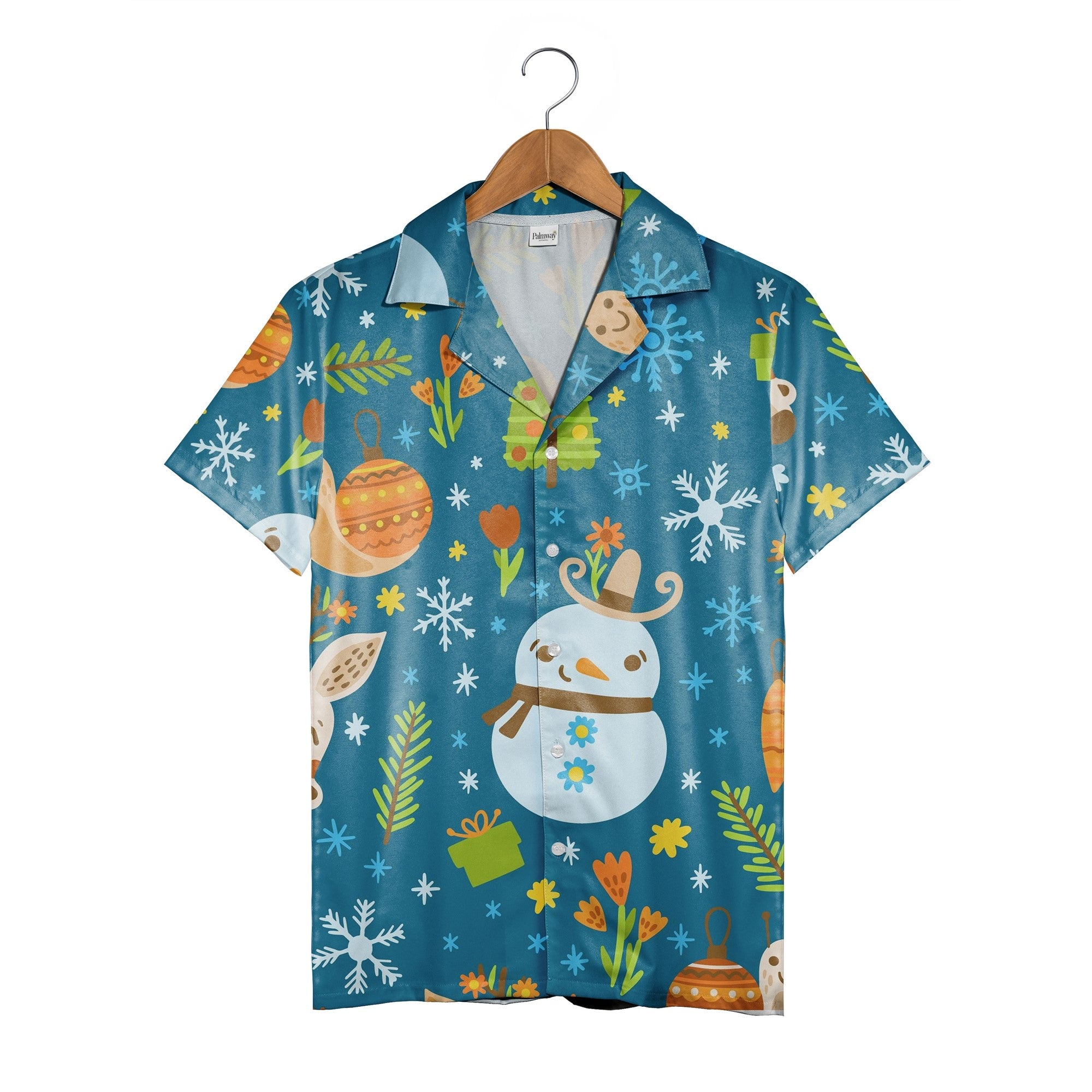 Teal Winter Wonderland Hawaiian Shirt with Deer and Snowman Motifs